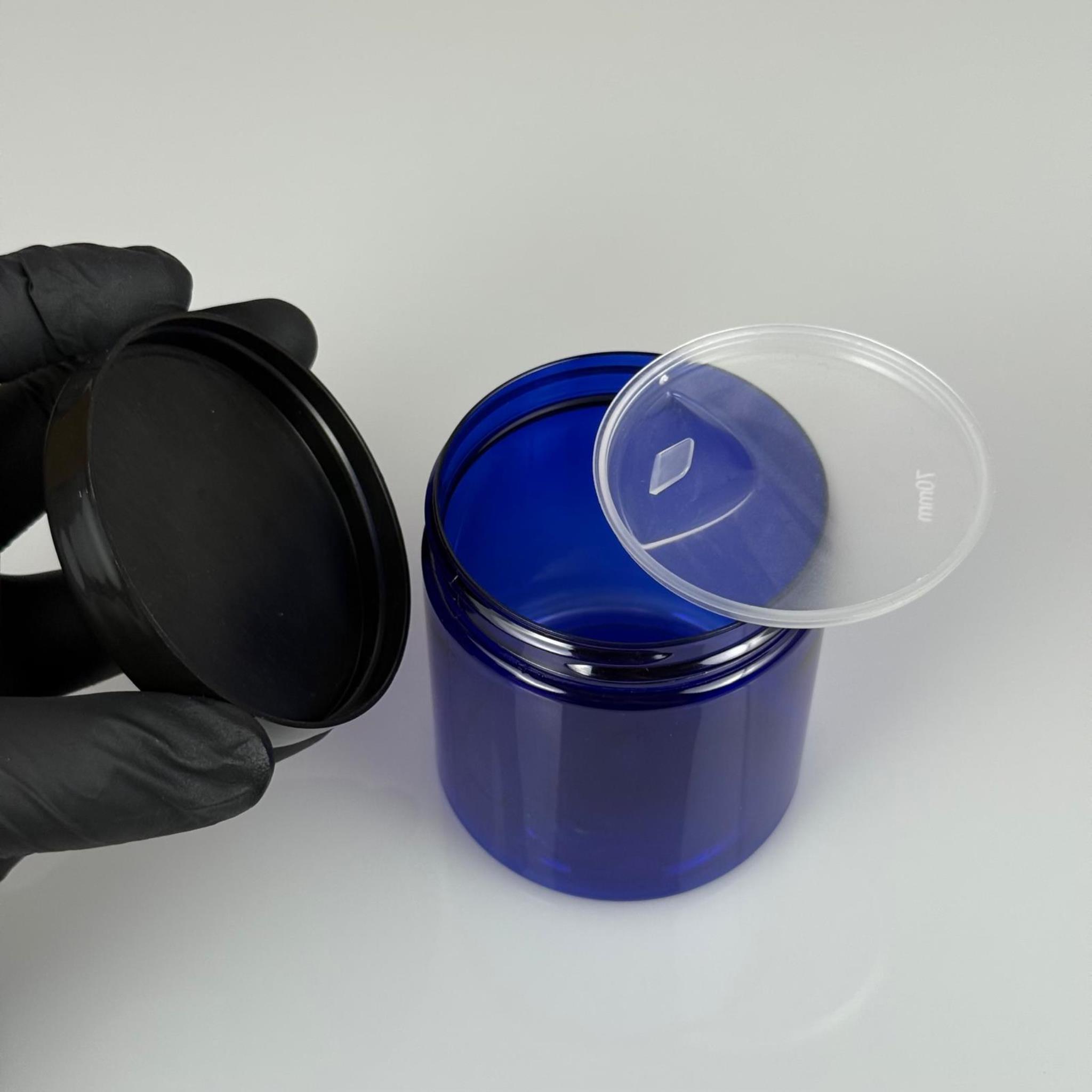 250 ML SERT PET KAVANOZ + SİYAH PLASTİK KAPAK + İÇ TIPA - 250 CC KALIN MAVİ PLASTİK KAVANOZ SİYAH PLASTİK KAPAKLI İÇ TIPALI TAKIM - KREM KAVANOZLARI