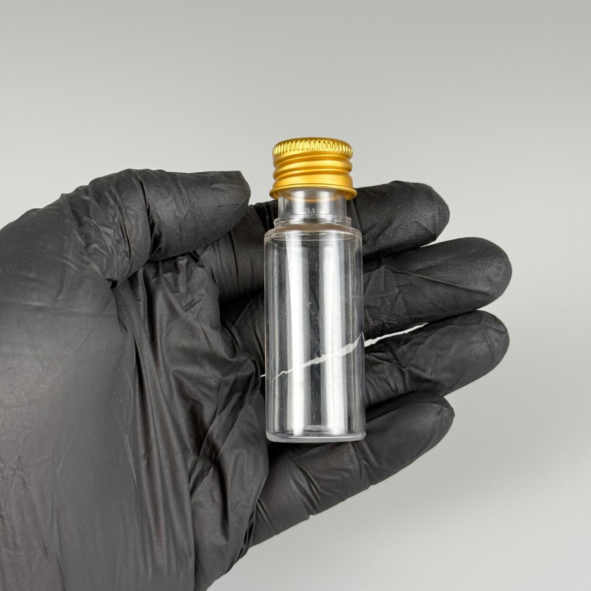 15 CC SİLİNDİR PET ŞİŞE + KÖPÜK CONTALI GOLD ALÜMİNYUM METAL KAPAKLI + KÖR TIPALI TAKIML - 15 ML ŞEFFAF PET ŞİŞE