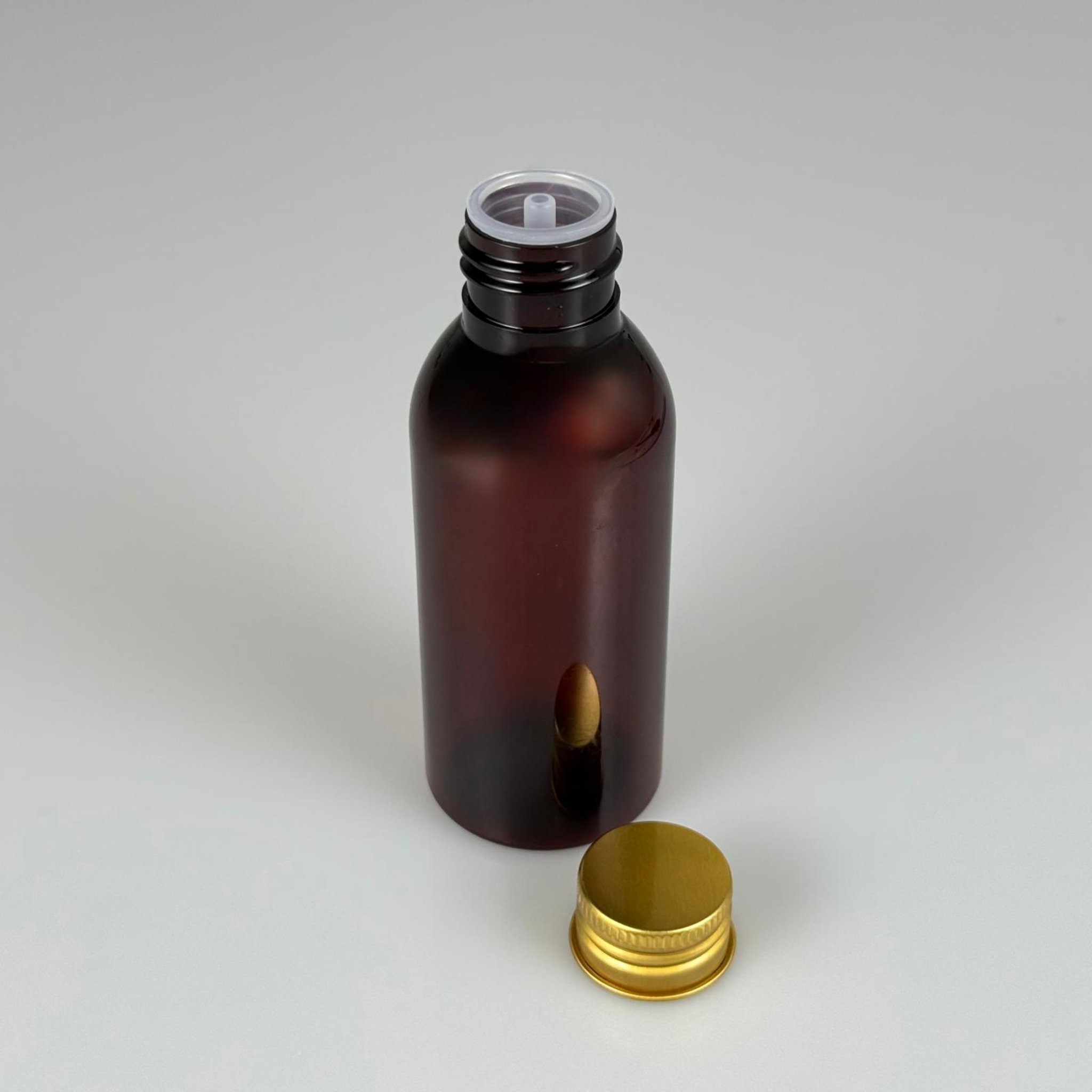 100 CC AMBER SERT MODEL PET ŞİŞE (24 AĞIZ) + KÖPÜK CONTALI GOLD METAL ALÜMİNYUM KAPAK KOLONYA TIPALI TAKIM - 100 ML KAPAKLI KAHVERENGİ KALIN PET ŞİŞELER