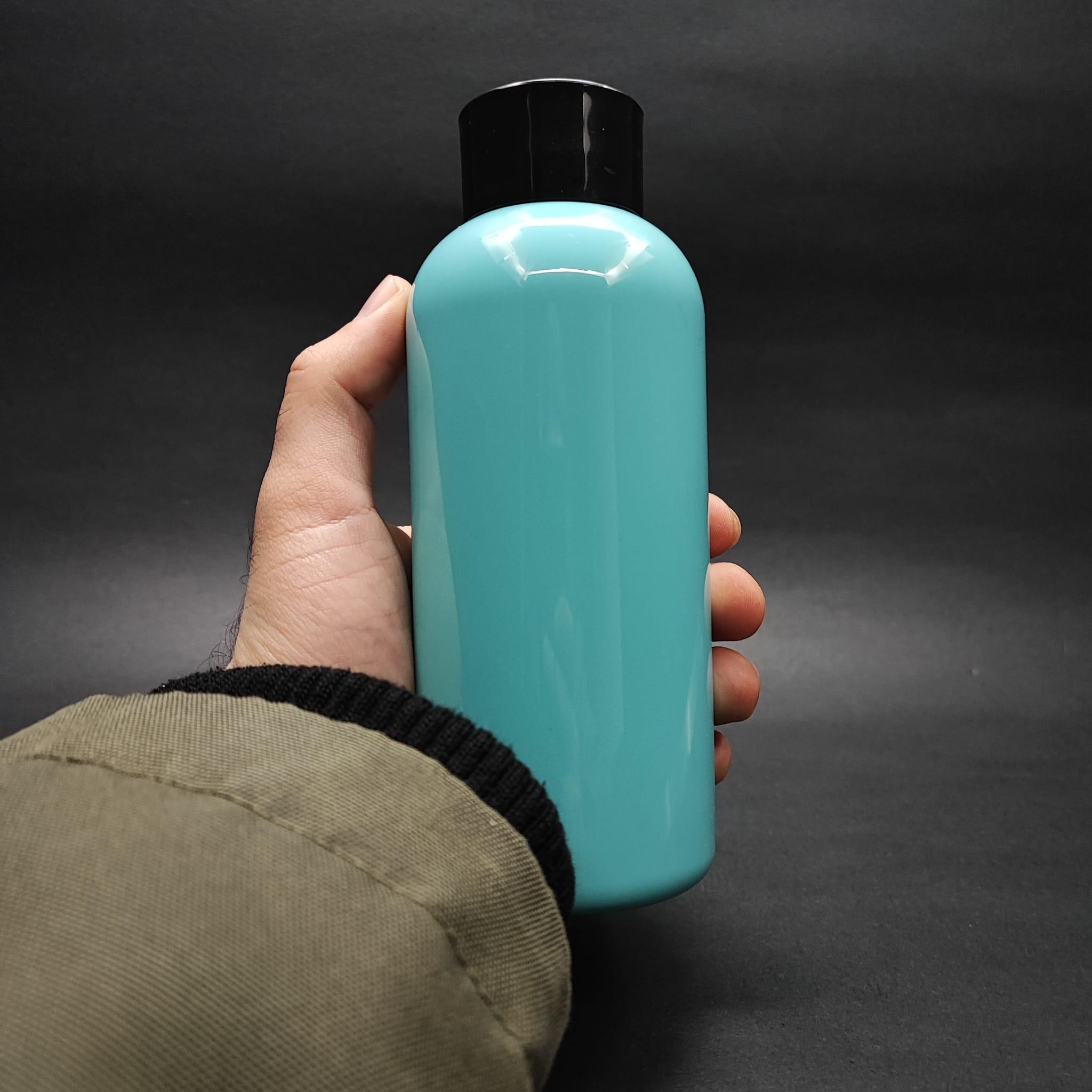 400 CC OVAL BOYUNLU UZUN SİLİNDİR PET ŞİŞE (30 GR) - SİYAH KOLONYA LOSYON KAPAK + TIPA - 400 ML PLASTİK ŞİŞE - TURKUAZ
