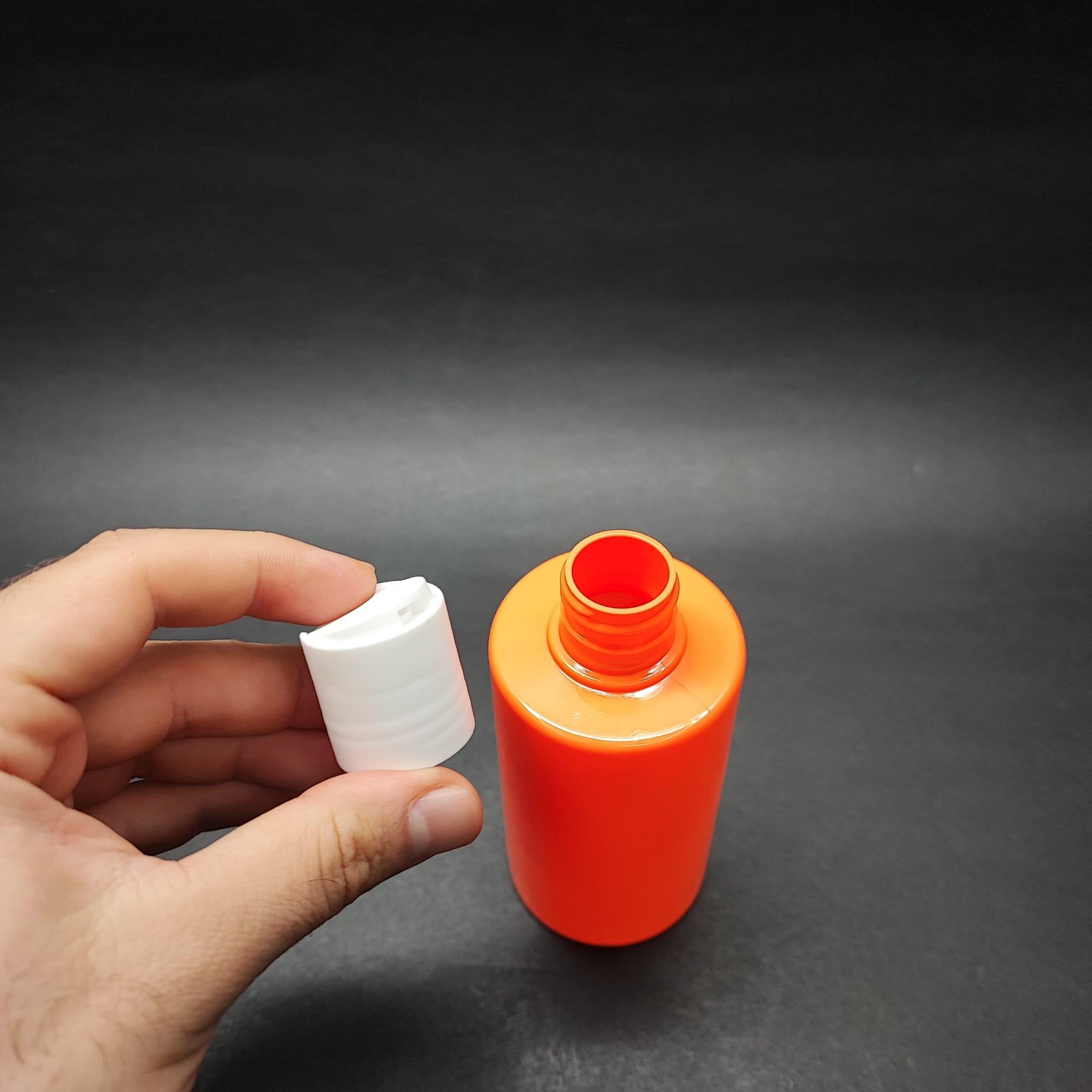 200 CC KÜT BOYUNLU UZUN SİLİNDİR PET ŞİŞE (24 GR) - BEYAZ DİSKTOP ŞAMPUAN KAPAKLI - 200 ML PLASTİK ŞİŞE - TURUNCU
