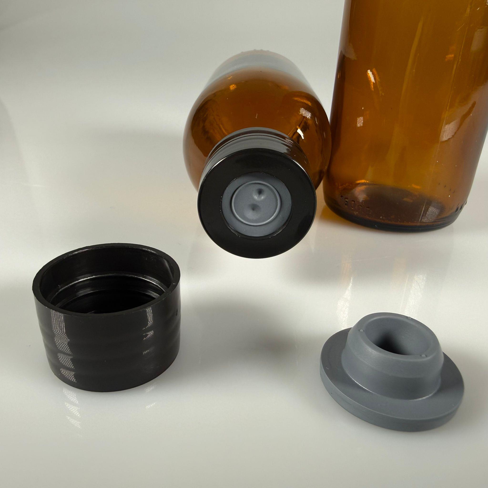 FLAKON ENJEKTÖR SERUM ŞİŞESİ - 150 ML ECZA CAM ŞİŞE + VİDALI DELİKLİ KAPAK (ELLE ÇEVİREREK KAPANIR) + KAUÇUK BUTİL TIPA TAKIM