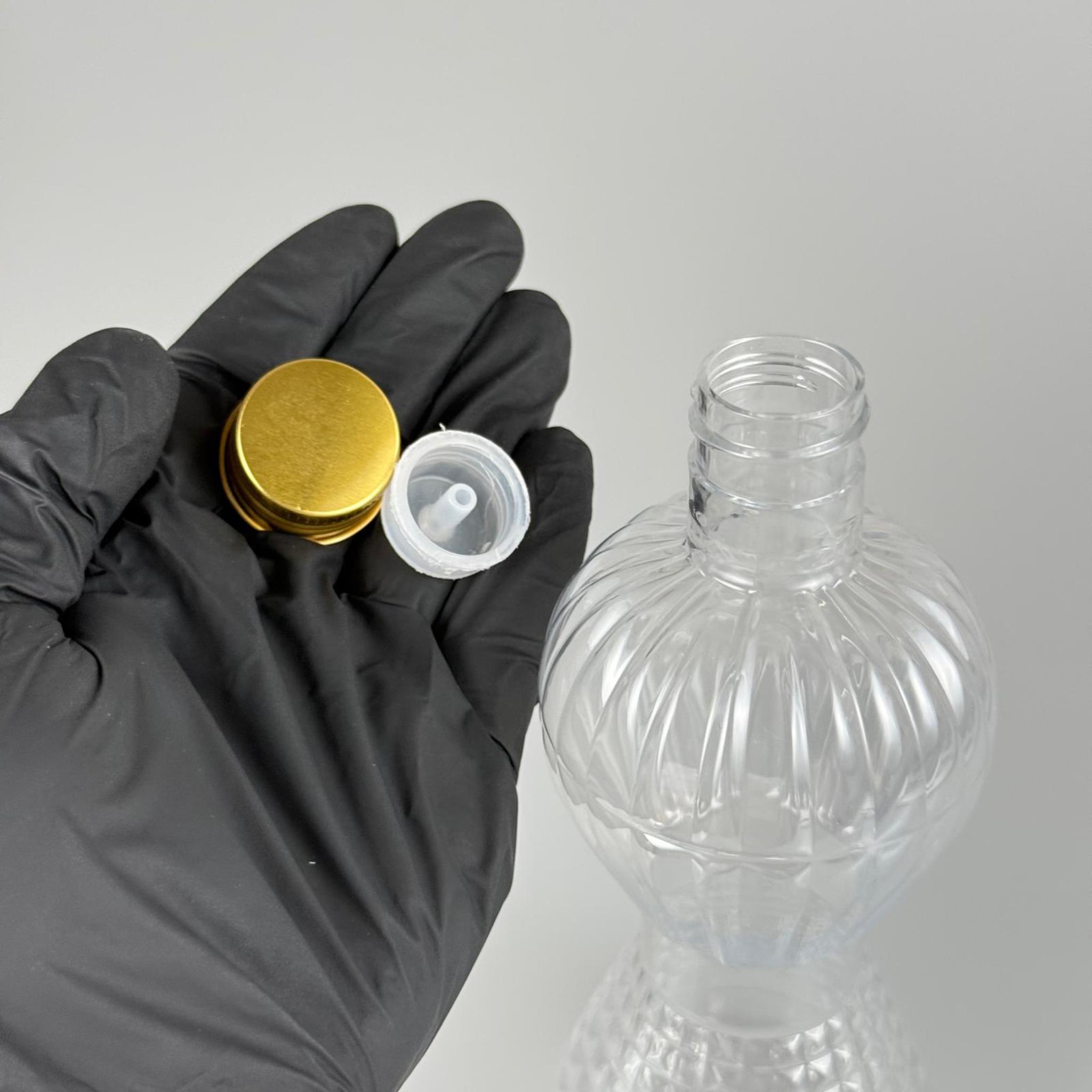 300 CC PIRLANTA ŞİŞE (CAMPET) 24 AĞIZ + KÖPÜK CONTALI GOLD METAL ALÜMİNYUM KAPAK + KOLONYA TIPALI TAKIM - 300 ML KAPAKLI PLASTİK ŞİŞELER