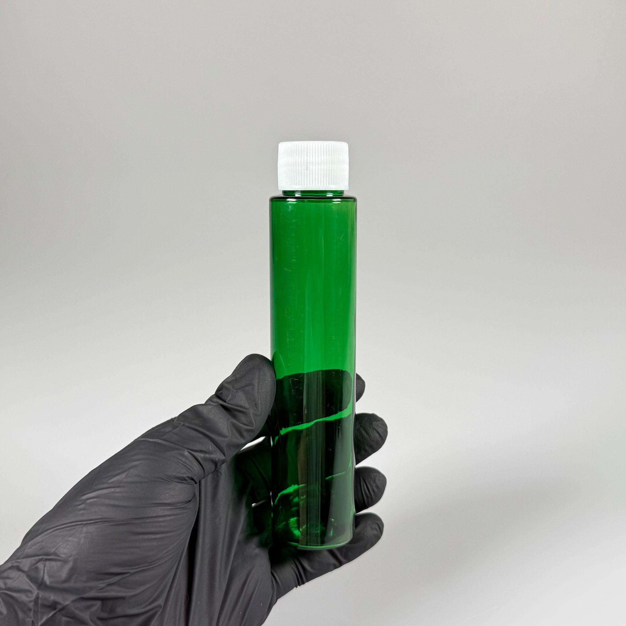 100 CC UZUN SİLİNDİR YEŞİL PET ŞİŞE (24 GR)  - CONTALI BEYAZ KAPAKLI - 100 ML BİBERİYE SUYU, LAVANTA YAĞI, SAÇ SERUM, TONİK VB İÇİN PLASTİK KOZMETİK AMBALAJLARI