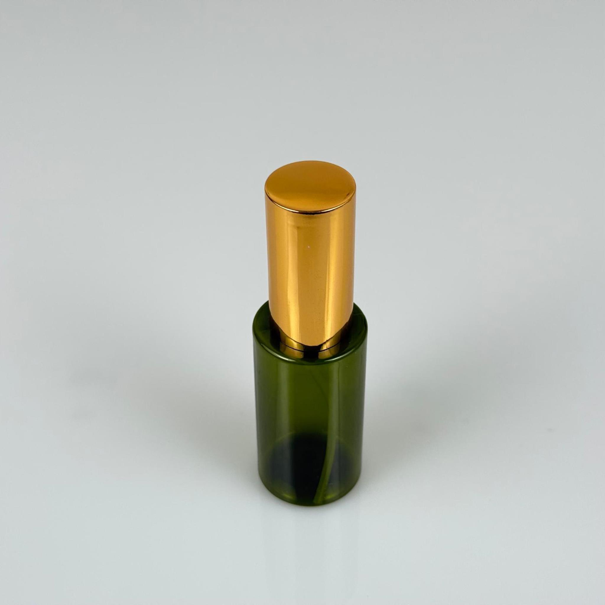 35 ML PET KOLONYA, PARFÜM VB ŞİŞELERİ - METAL ALÜMİNYUM GOLD KAPAK + VİDALI SPREY + 35 CC YEŞİL ŞİŞE SET TAKIM