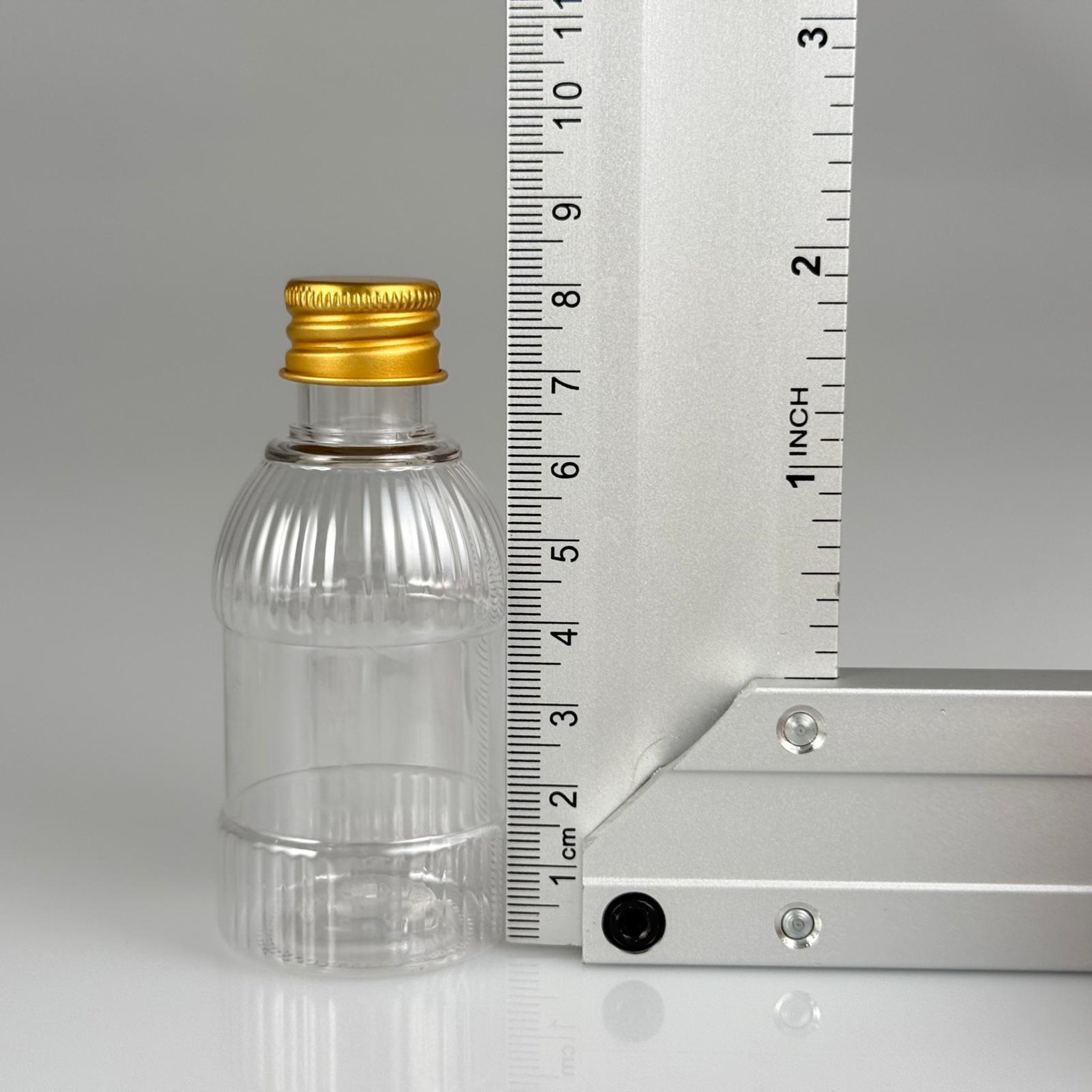 50 CC MANDALİNA MODEL PET ŞİŞE + KÖPÜK CONTALI GOLD ALÜMİNYUM METAL KAPAKLI + KÖR TIPALI TAKIM - 50 ML TOMBUL PET ŞİŞE