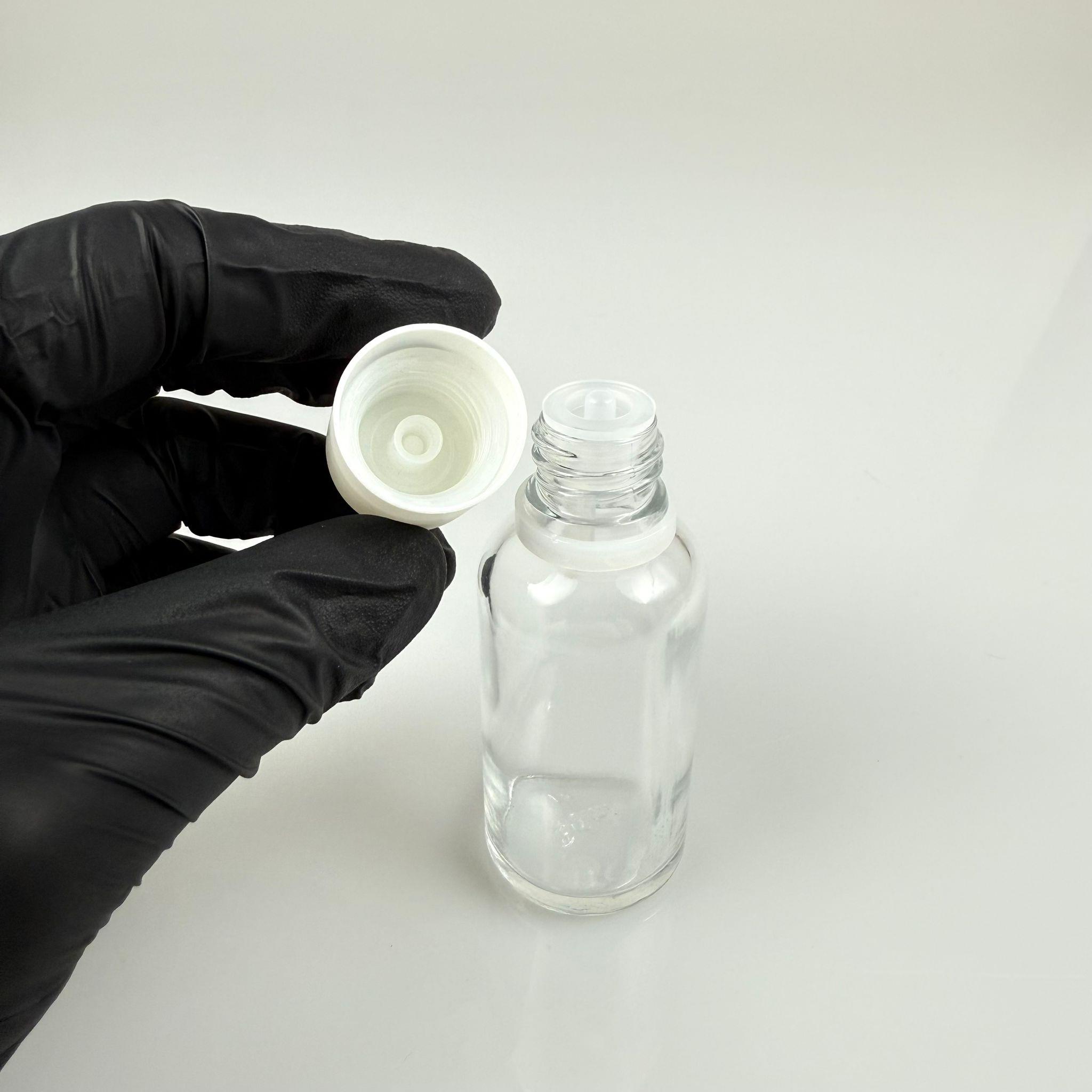 30 CC ŞEFFAF CAM ŞİŞE + İÇTEN DAMLALIKLI ÇOCUK KİLİTLİ BEYAZ KAPAK - SAYDAM 30 ML KİLİT KAPAKLI DAMLATMALI ŞİŞE