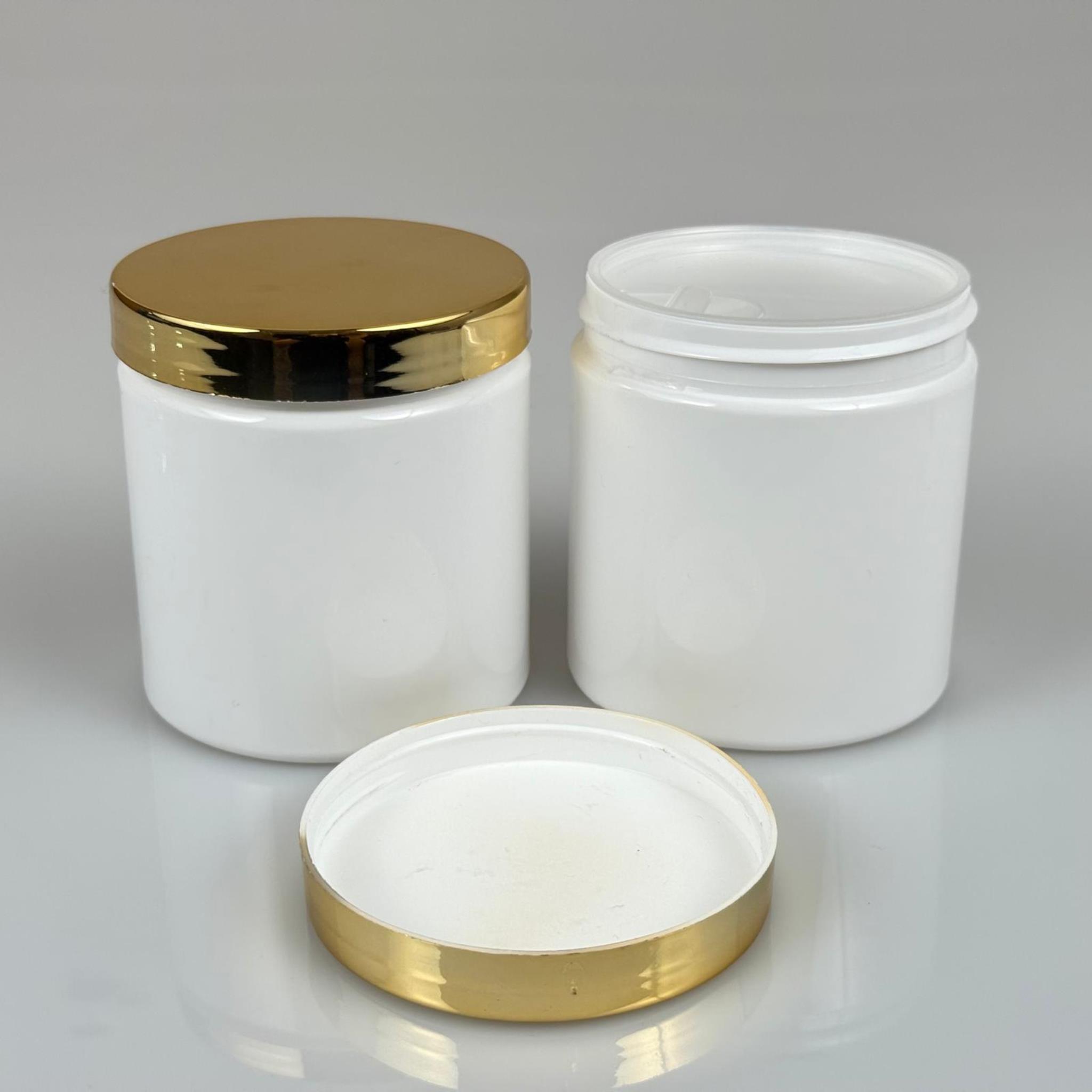 250 ML SERT PET KAVANOZ + GOLD KAPLAMALI PLASTİK KAPAK + İÇ TIPA - 250 CC KALIN BEYAZ PLASTİK KAVANOZ GOLD KAPLAMALI PLASTİK KAPAKLI İÇ TIPALI TAKIM - KREM KAVANOZLARI