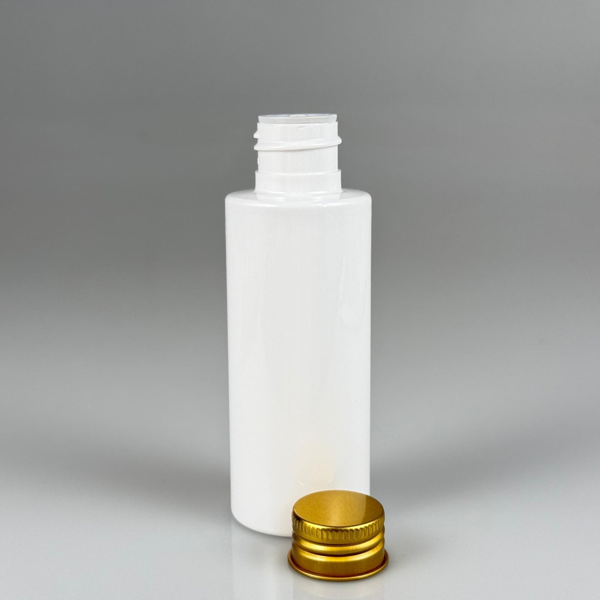 100 CC BEYAZ SİLİNDİR KESKİN KÜT MODEL SERT PET ŞİŞE ( 17 GR - 24 AĞIZ ) + KÖPÜK CONTALI GOLD METAL ALÜMİNYUM KAPAK + KOLONYA TIPALI TAKIM - 100 ML KAPAKLI BEYAZ PLASTİK ŞİŞELER