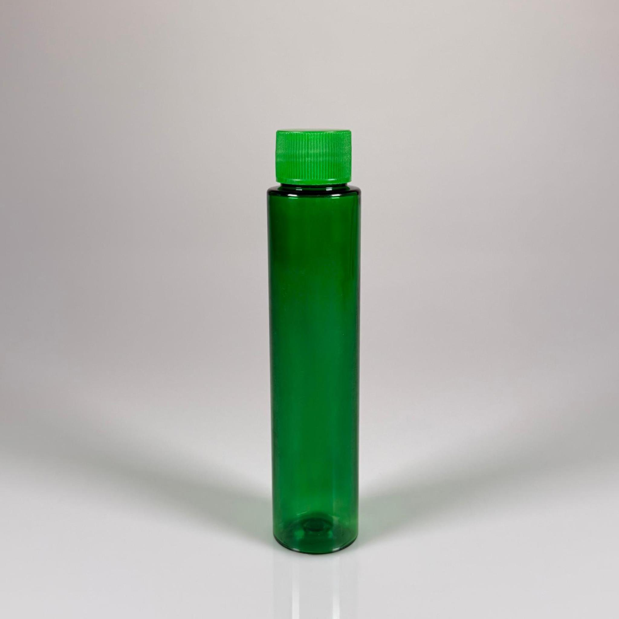 100 CC UZUN SİLİNDİR YEŞİL PET ŞİŞE (24 GR)  - CONTALI YEŞİL KAPAKLI - 100 ML BİBERİYE SUYU, LAVANTA YAĞI, SAÇ SERUM, TONİK VB İÇİN PLASTİK KOZMETİK AMBALAJLARI