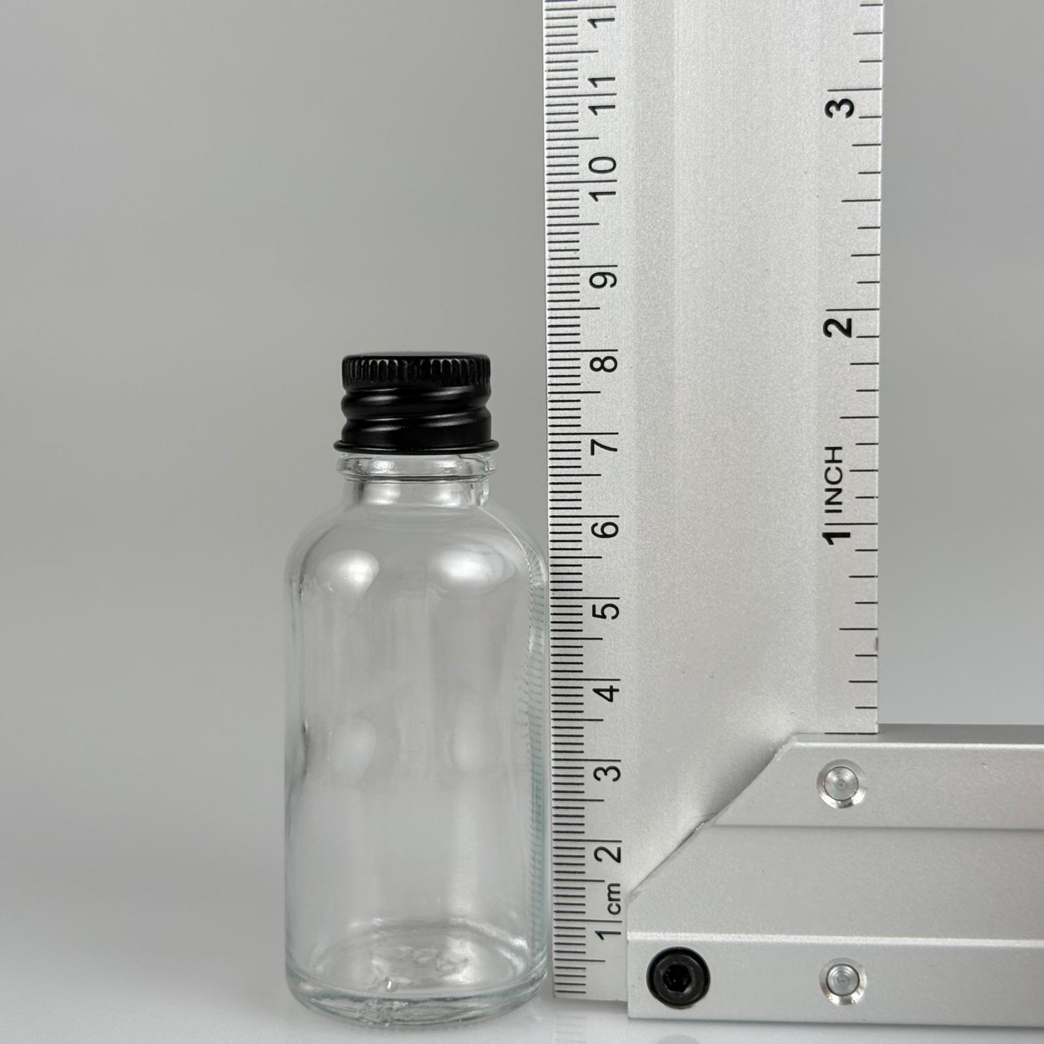 30 CC ŞEFFAF CAM ŞİŞE + KÖPÜK CONTALI SİYAH ALÜMİNYUM METAL KAPAKLI TAKIM - 30 ML ŞEFFAF CAM ŞİŞE