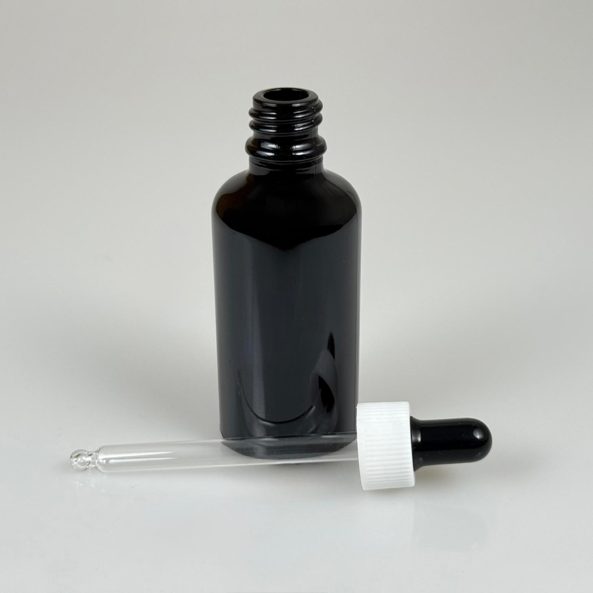 50 CC SİYAH CAM DAMLALIKLI ŞİŞE - SİYAH EMZİK - BEYAZ PLASTİK KAPAK - 50 ML SİYAH CAM DAMLALIKLI ŞİŞE