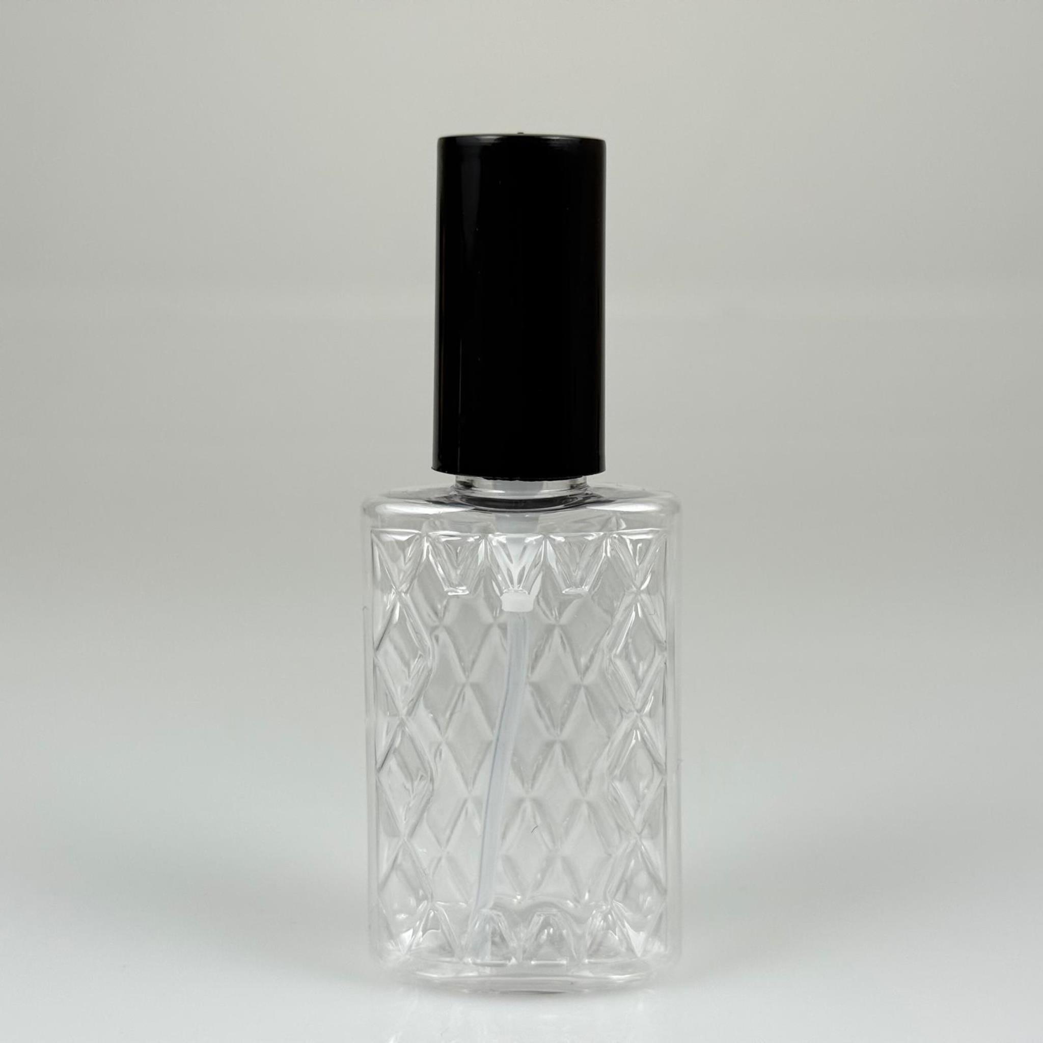 50 CC ŞEFFAF PET KÖŞELİ PARFÜM ŞİŞESİ - SİYAH SPREYLİ - SİYAH KORUMA KAPAKLI - 50 ML PLASTİK PARFÜM - KOLONYA ŞİŞESİ