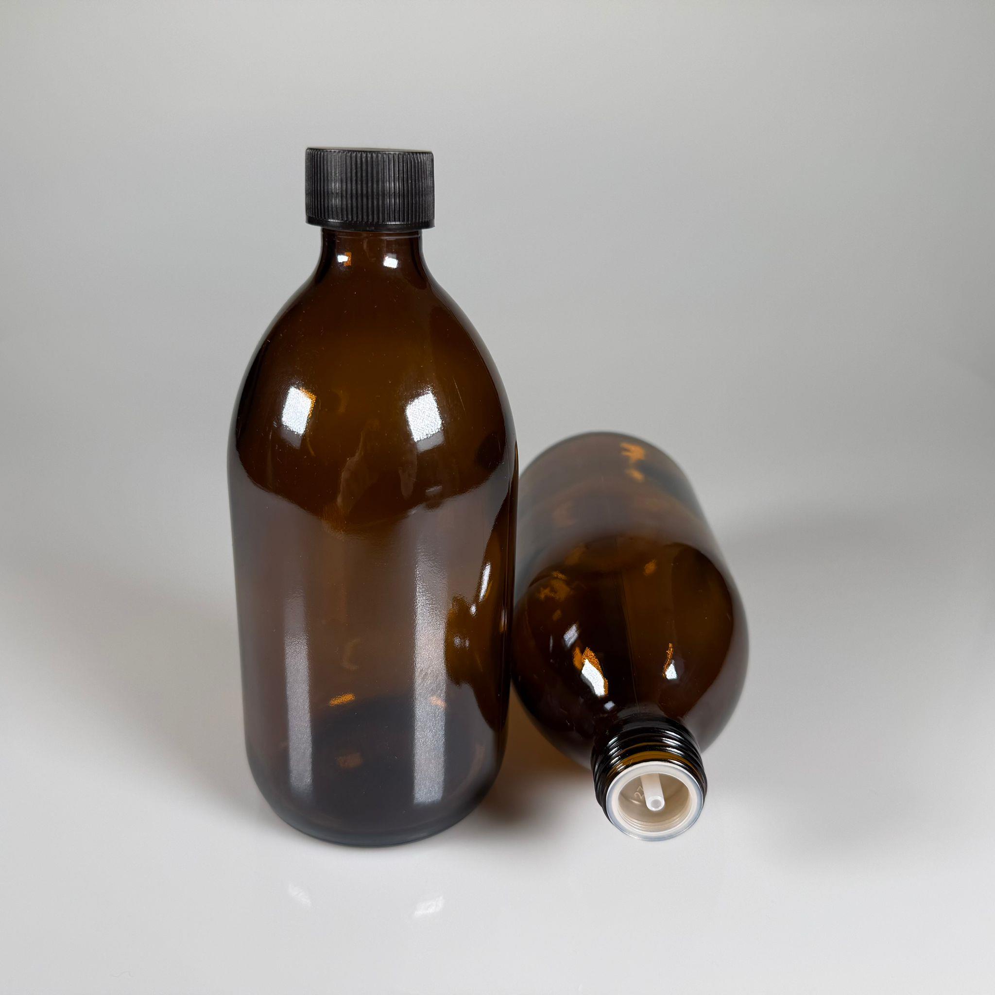 500 ML DOLUMU KOLAY, GENİŞ AĞIZLI İÇTEN DAMLALIKLI ŞİŞE (28 MM AĞIZ)  - 500 CC SİYAH CONTALI KAPAKLI İÇTEN DAMLALIKLI CAM ECZA ŞİŞESİ - AMBER KAHVERENGİ