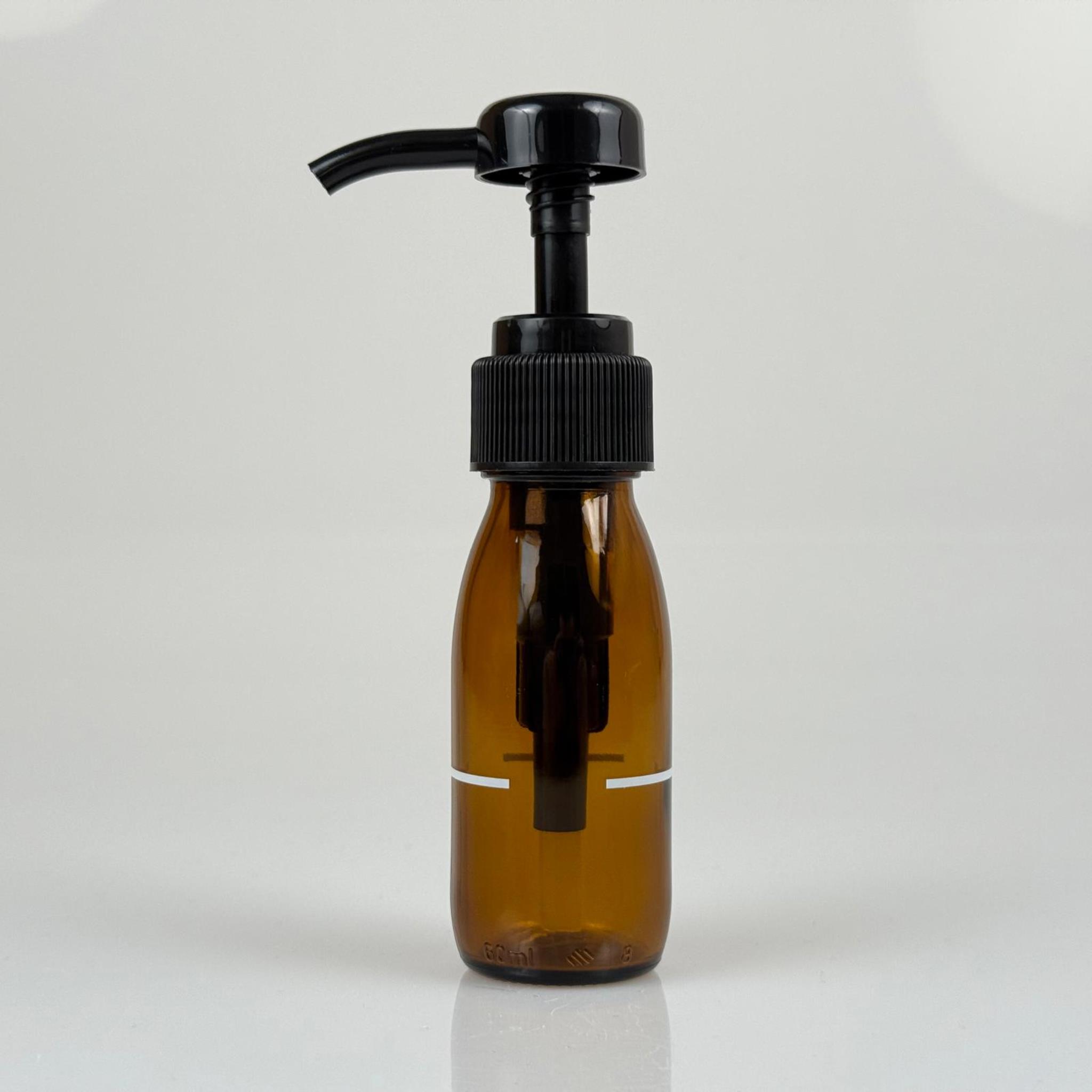 60 CC AMBER CAM ŞİŞE + SİYAH DOZAJ POMPALI (HER BASMADA 4 CC SIVI ATAR) - 60 ML POMPALI ŞİŞE - ŞURUP, ŞAMPUAN, KREM GİBİ YOĞUN KIVAMLI SIVILARDA KULLANILIR