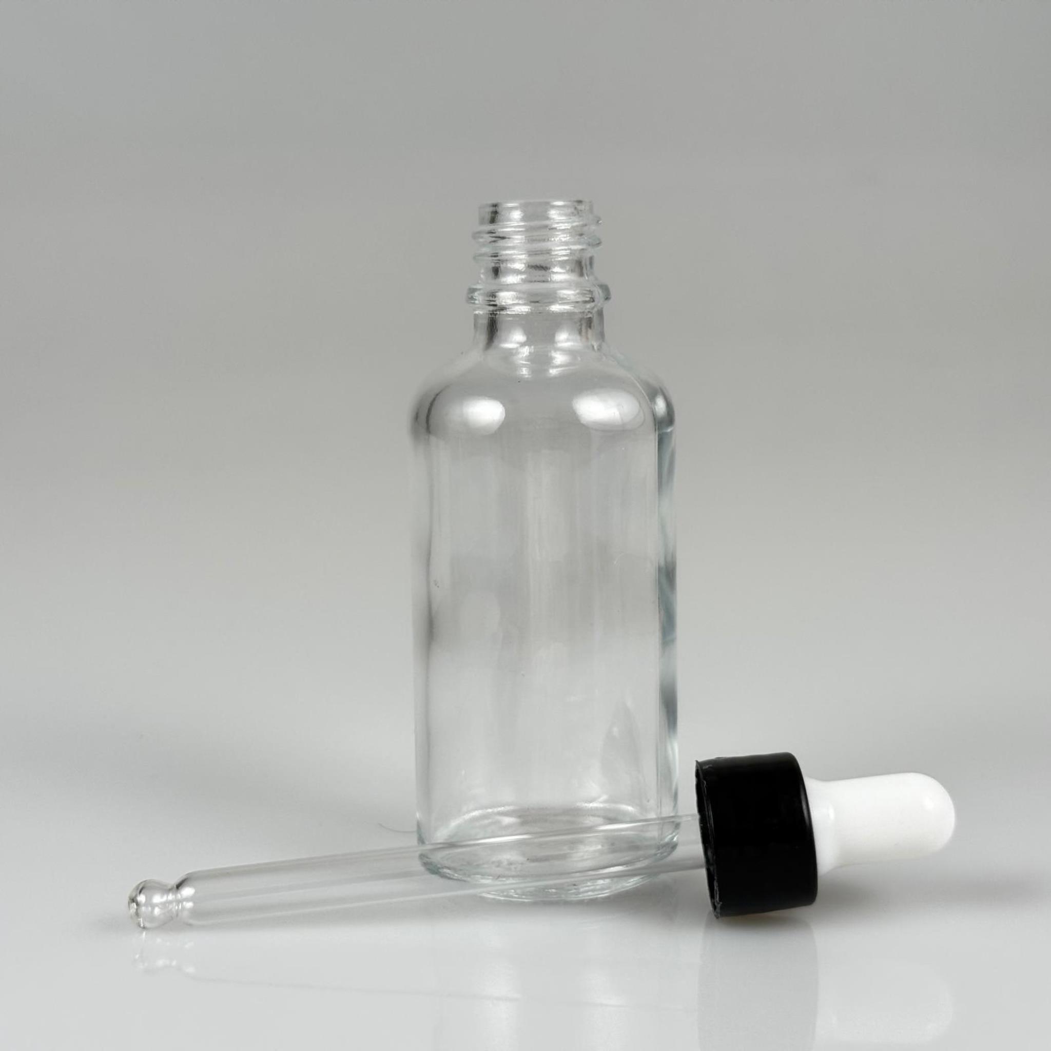 50 CC ŞEFFAF CAM DAMLALIKLI ŞİŞE - BEYAZ EMZİK + SİYAH DÜZ KAPAK + CAM PİPET TAKIM - 50 ML DAMLALIKLI ŞİŞE SETİ