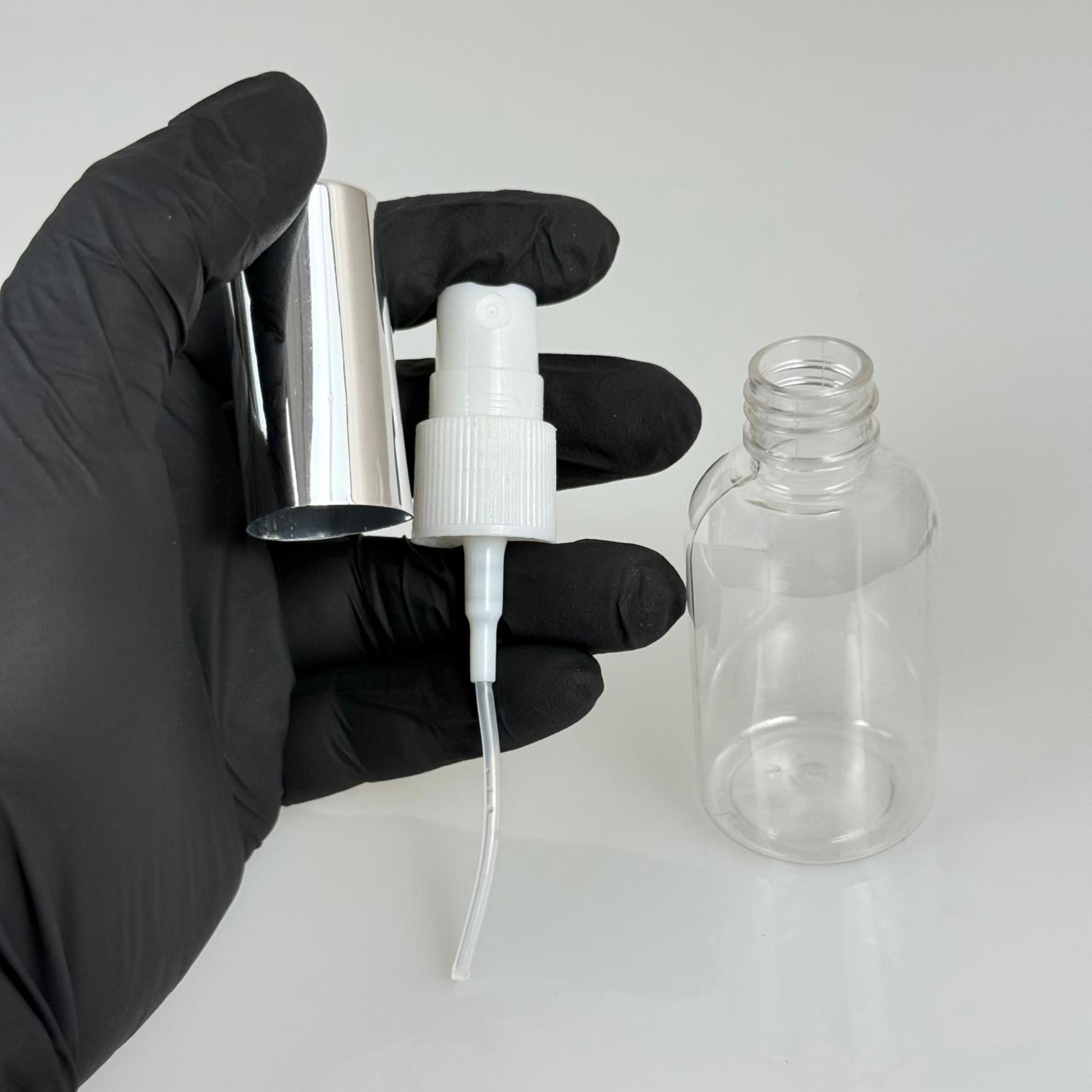 40 ML PET KOLONYA, PARFÜM VB ŞİŞELERİ - METAL ALÜMİNYUM GÜMÜŞ KAPAK + VİDALI SPREY + 40 CC TOMBUL ŞİŞE SET TAKIM