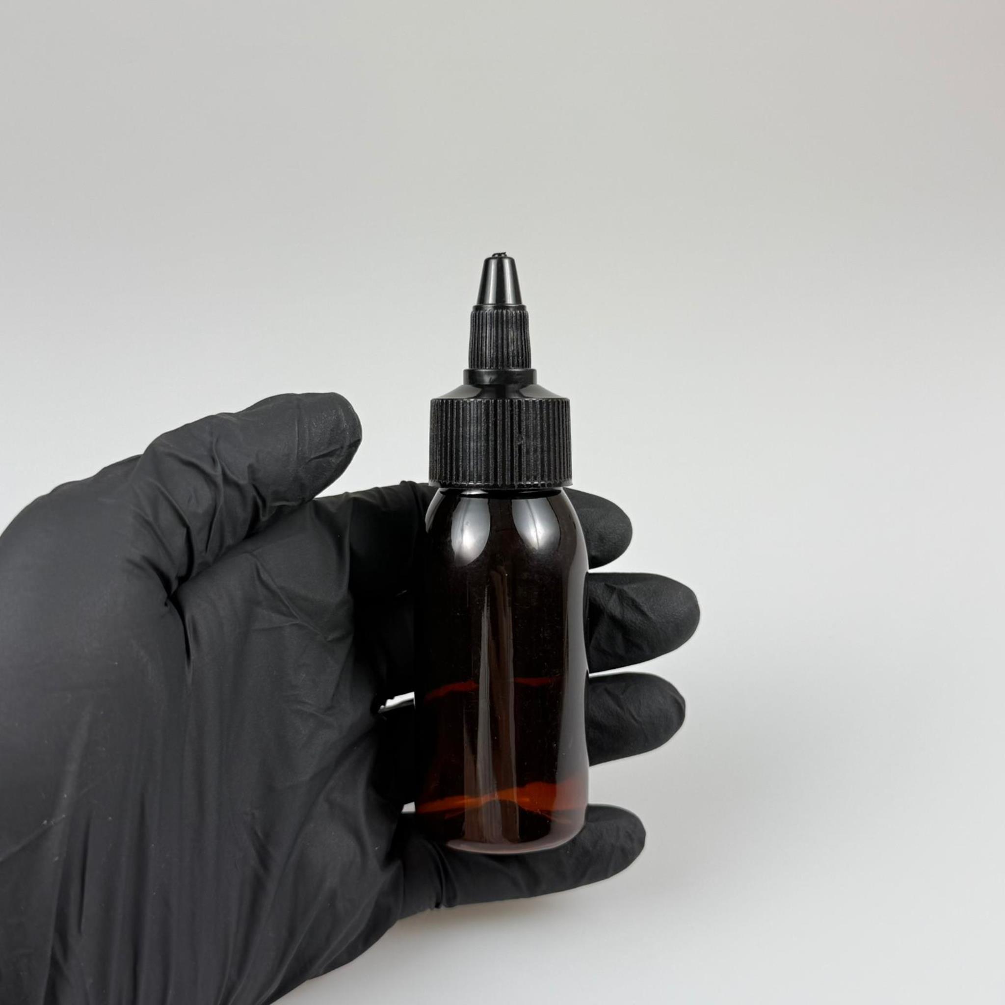 YAĞ, SOS, ACI SOS, SİRKE, SRIRACHA, MÜREKKEP, TUTKAL AKITICI VB BOŞ ŞİŞELERİ - SİYAH SİVRİ TWİST AKITICI KAPAK + 50 ML AMBER SERT PET PLASTİK ŞİŞE TAKIM