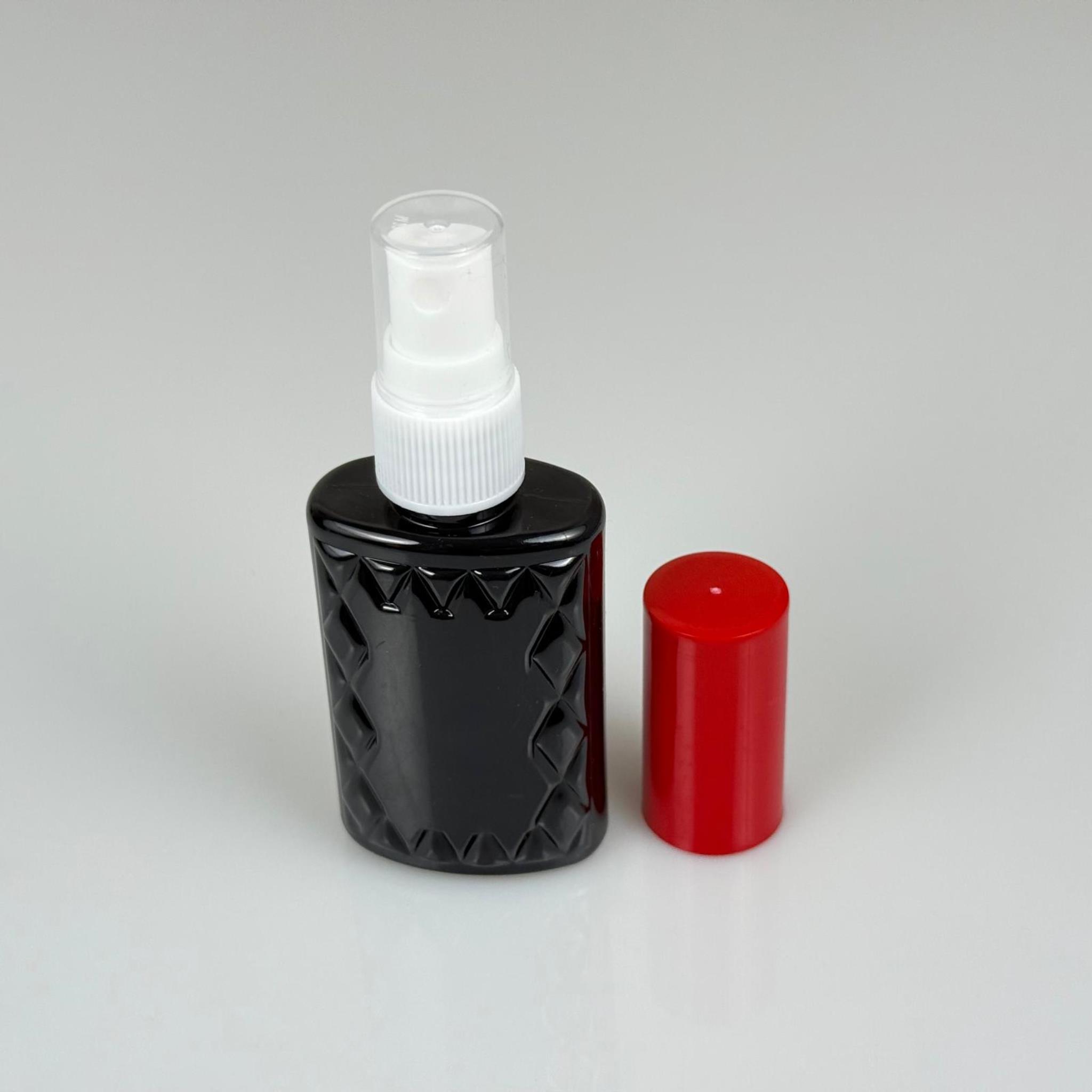 50 CC SİYAH PET KÖŞELİ PARFÜM ŞİŞESİ - BEYAZ SPREYLİ - KIRMIZI KORUMA KAPAKLI - 50 ML PLASTİK PARFÜM - KOLONYA ŞİŞESİ