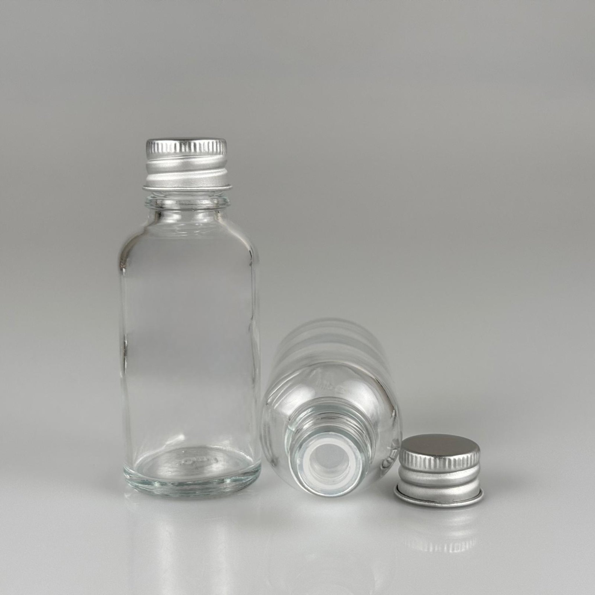 30 CC ŞEFFAF CAM ŞİŞE + KÖPÜK CONTALI GÜMÜŞ ALÜMİNYUM METAL KAPAKL + KÖR  TIPALII TAKIM - 30 ML ŞEFFAF CAM ŞİŞE