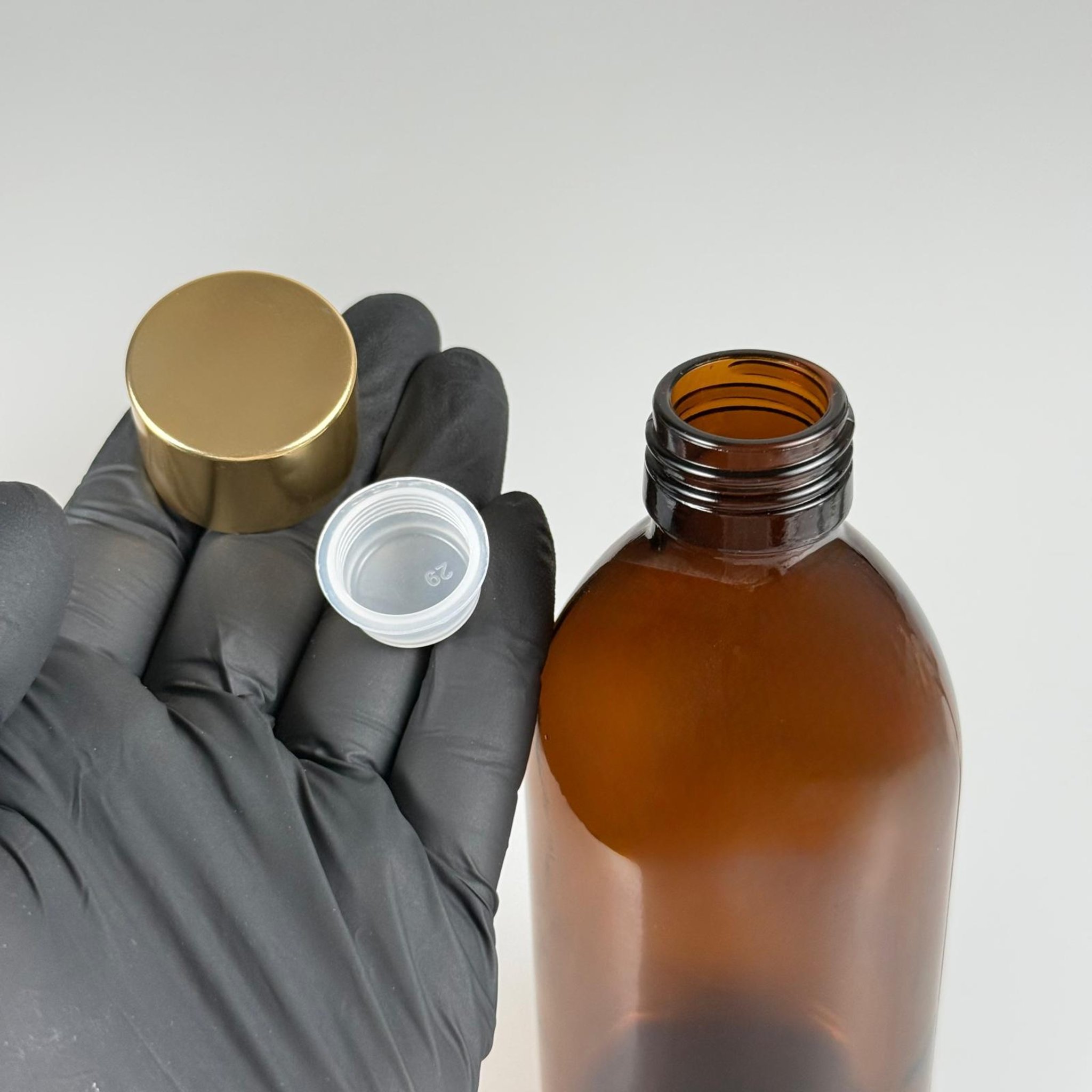 250 CC AMBER CAM ŞİŞE + ALÜMİNYUM KAPLAMALI GOLD KAPAKLI + KÖR TIPALI TAKIM - 250 ML KAHVERENGİ CAM ŞİŞE