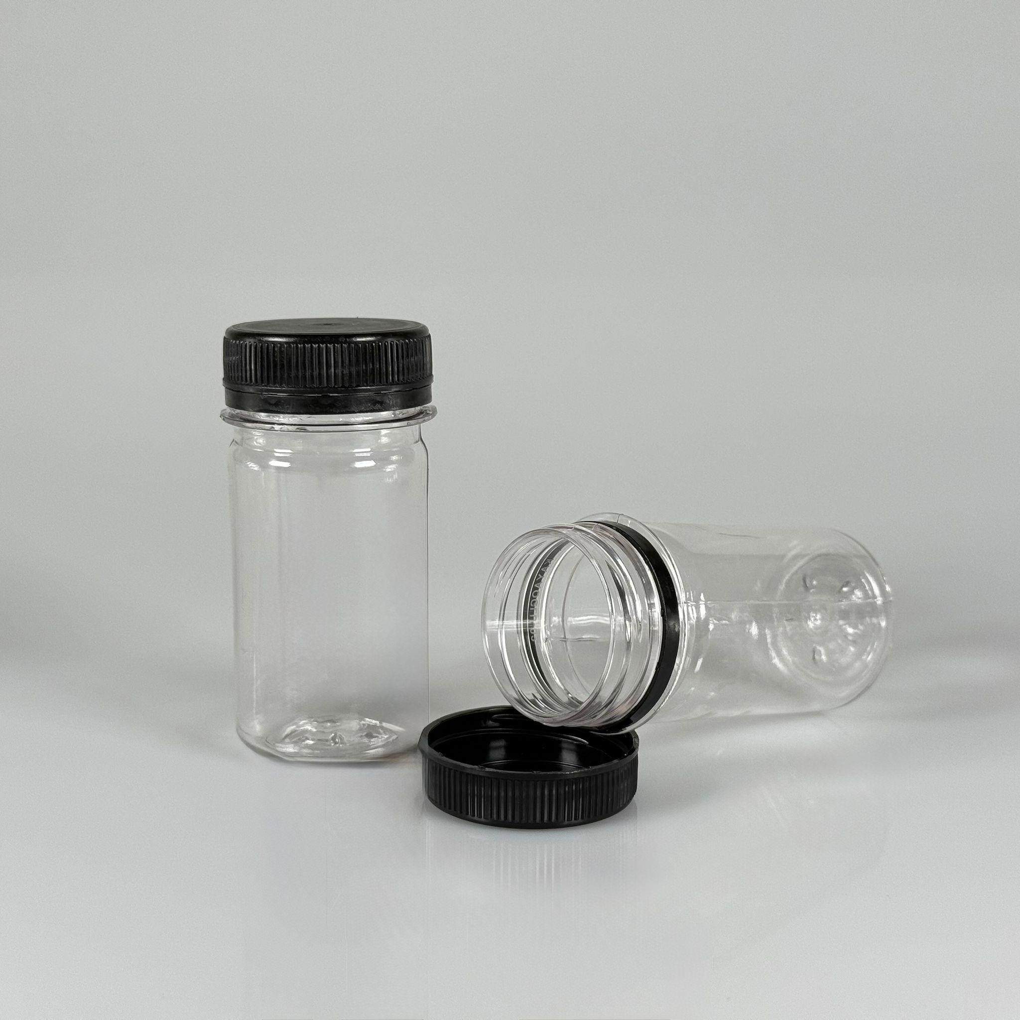 60 CC SİLİNDİR PET ŞİŞE (15,6 GR) - 38 MM GENİŞ AĞIZLI KİLİTLİ SİYAH KAPAKLI - 60 ML PLASTİK NUMUNE BOŞ ŞİŞELER