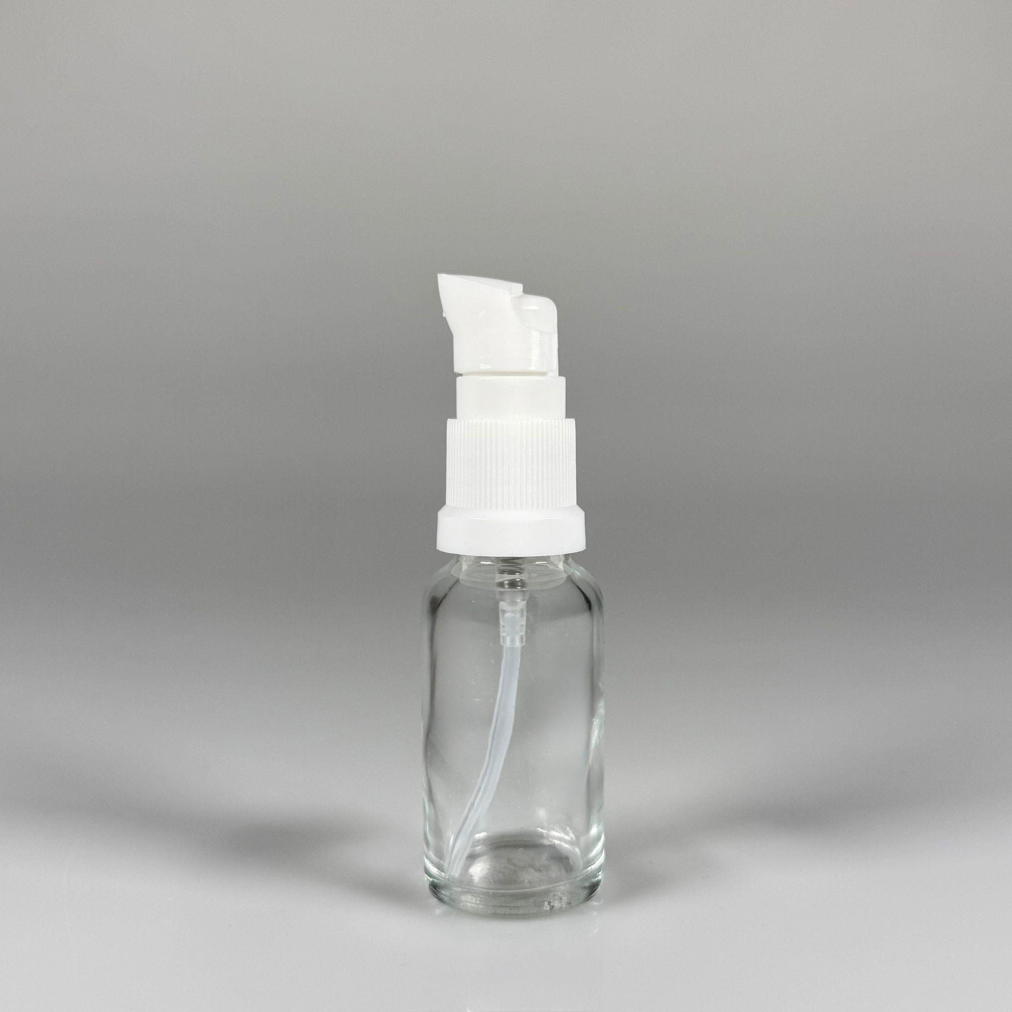 20 CC ŞEFFAF CAM ŞİŞE - SIZDIRMAZ ETEKLİ BEYAZ LOSYON POMPALI TAKIM - 20 ML LOSYON ŞİŞESİ - YAĞ, KREM GİBİ YOĞUN KIVAMLI SIVILAR İÇİN CAM AMBALAJ