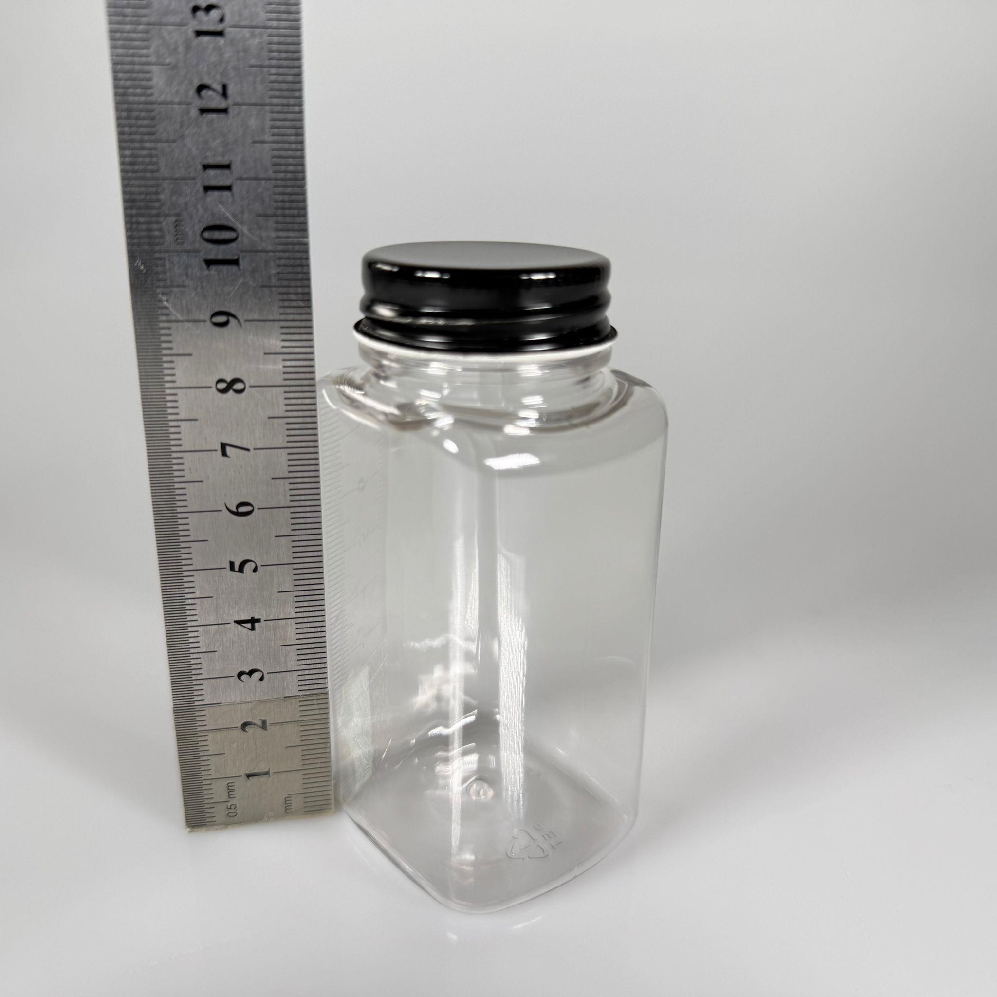 BAHARAT, TOZ, KAHVE, SAHLEP VB MUTFAK DÜZENLEME İÇİN KARE PLASTİK MİNİ KAVANOZLAR - 150 ML -  RAF DÜZENLEYİCİ GIDAYA UYGUN KÖŞELİ SİYAH METAL KAPAKLI PET KAVANOZLARI