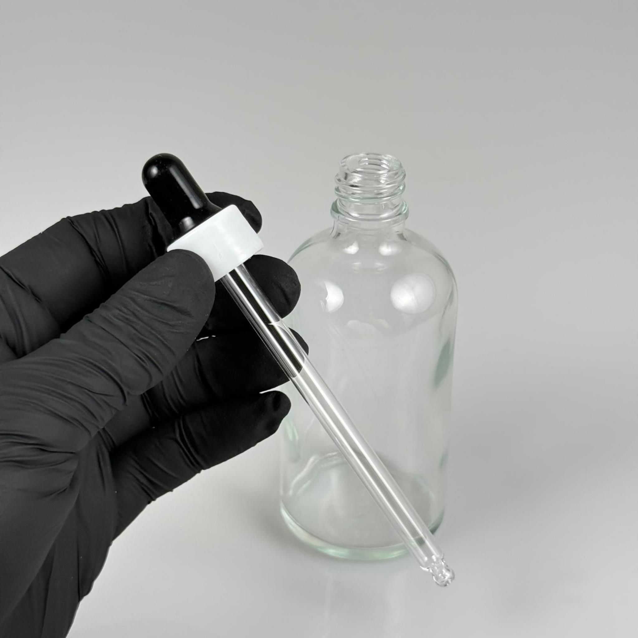 100 CC ŞEFFAF CAM DAMLALIKLI ŞİŞE - SİYAH EMZİK + BEYAZ DÜZ KAPAK + CAM PİPET TAKIM - 100 ML DAMLALIKLI ŞİŞE SETİ