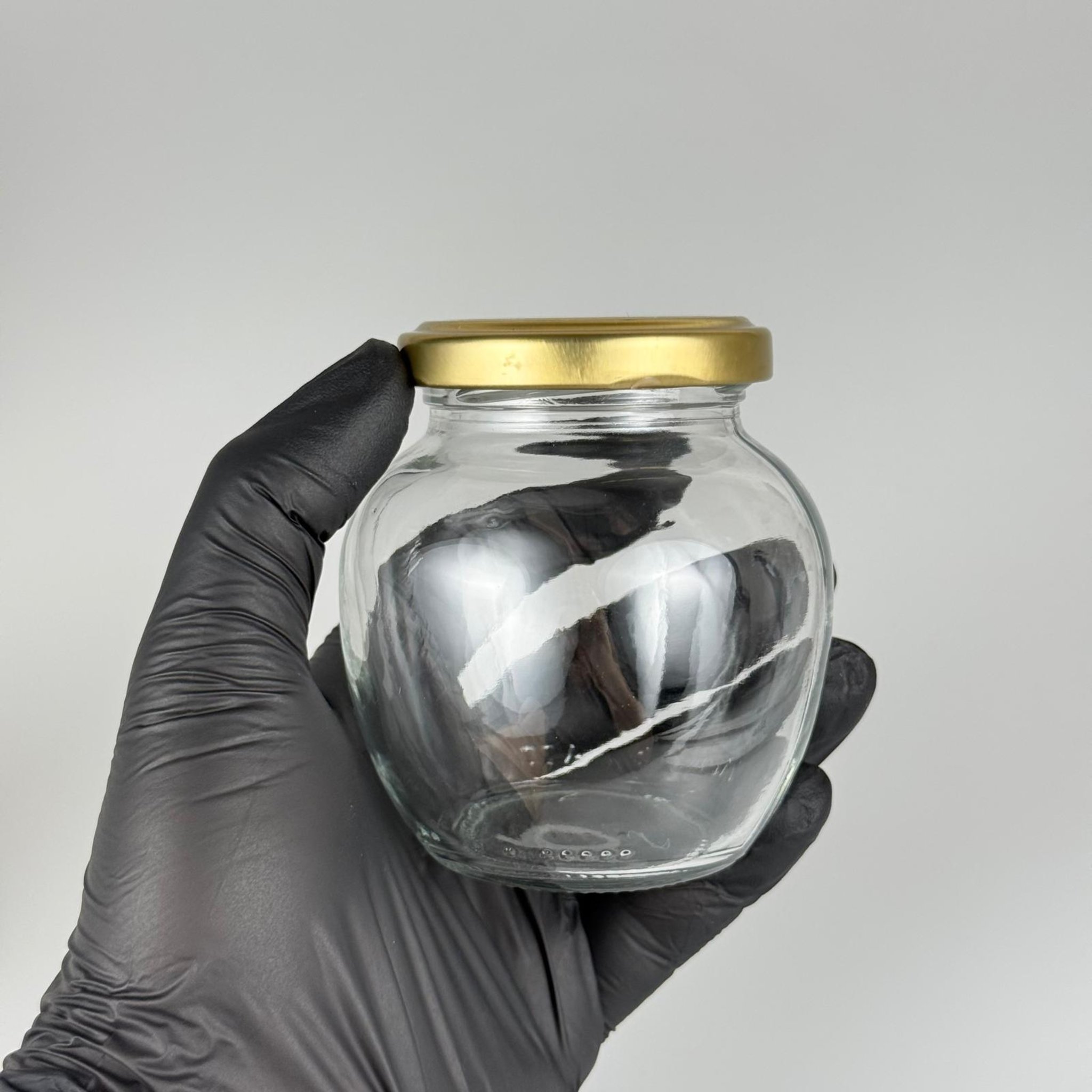 210 CC YUMURTA KAVANOZ - GOLD METAL KAPAKLI + KENDİNDEN YAPIŞKANLI KÖPÜK CONTALI TAKIM - 210 ML OVAL TİP CAM KAVANOZ