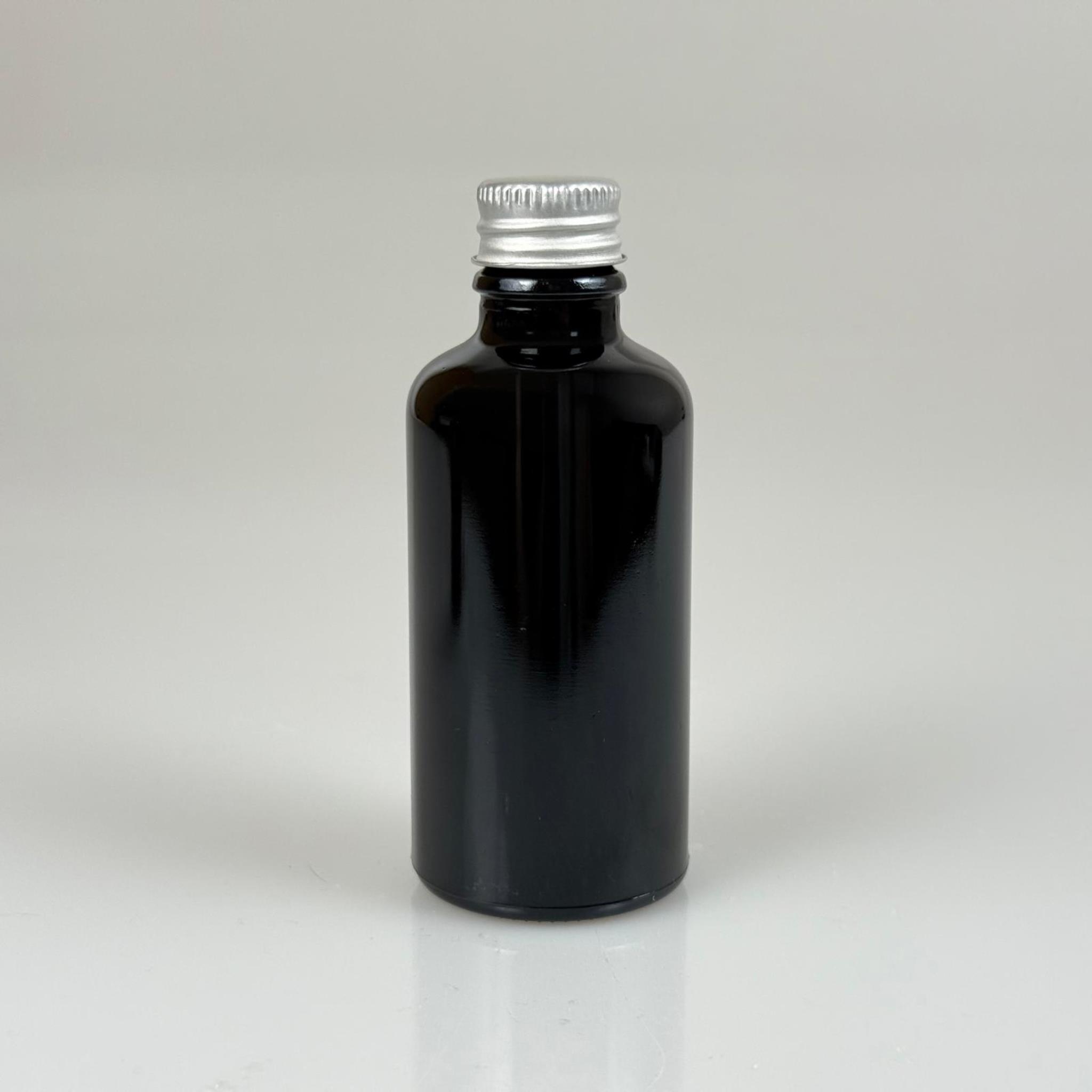 50 CC SİYAH CAM ŞİŞE - GÜMÜŞ VİDALI METAL KAPAKLI - 50 ML SİYAH STANDART CAM ŞİŞE