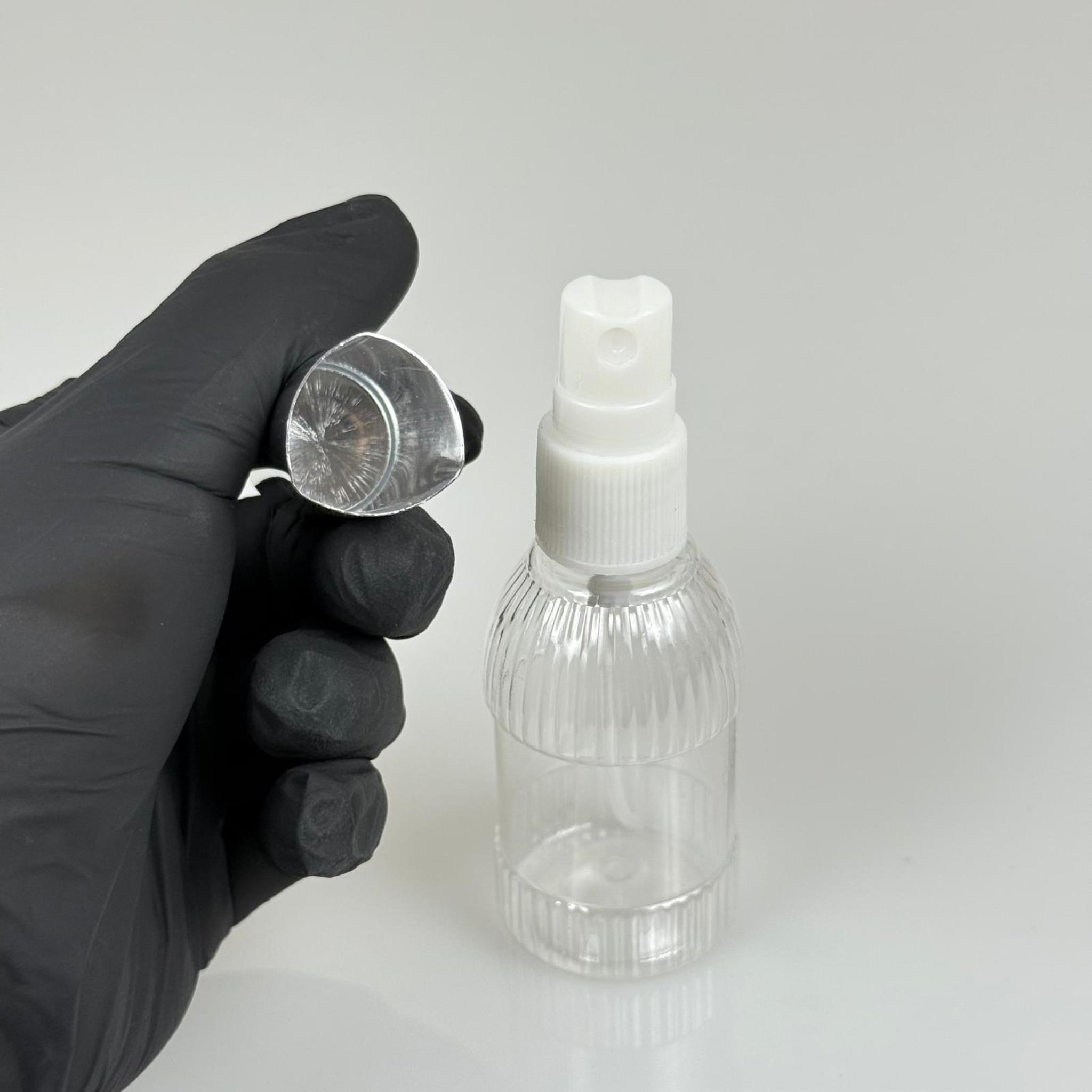 50 ML PET KOLONYA, PARFÜM VB ŞİŞELERİ - METAL ALÜMİNYUM GÜMÜŞ KAPAK + VİDALI SPREY + 50 CC MANDALİNA MODEL ŞİŞE SET TAKIM
