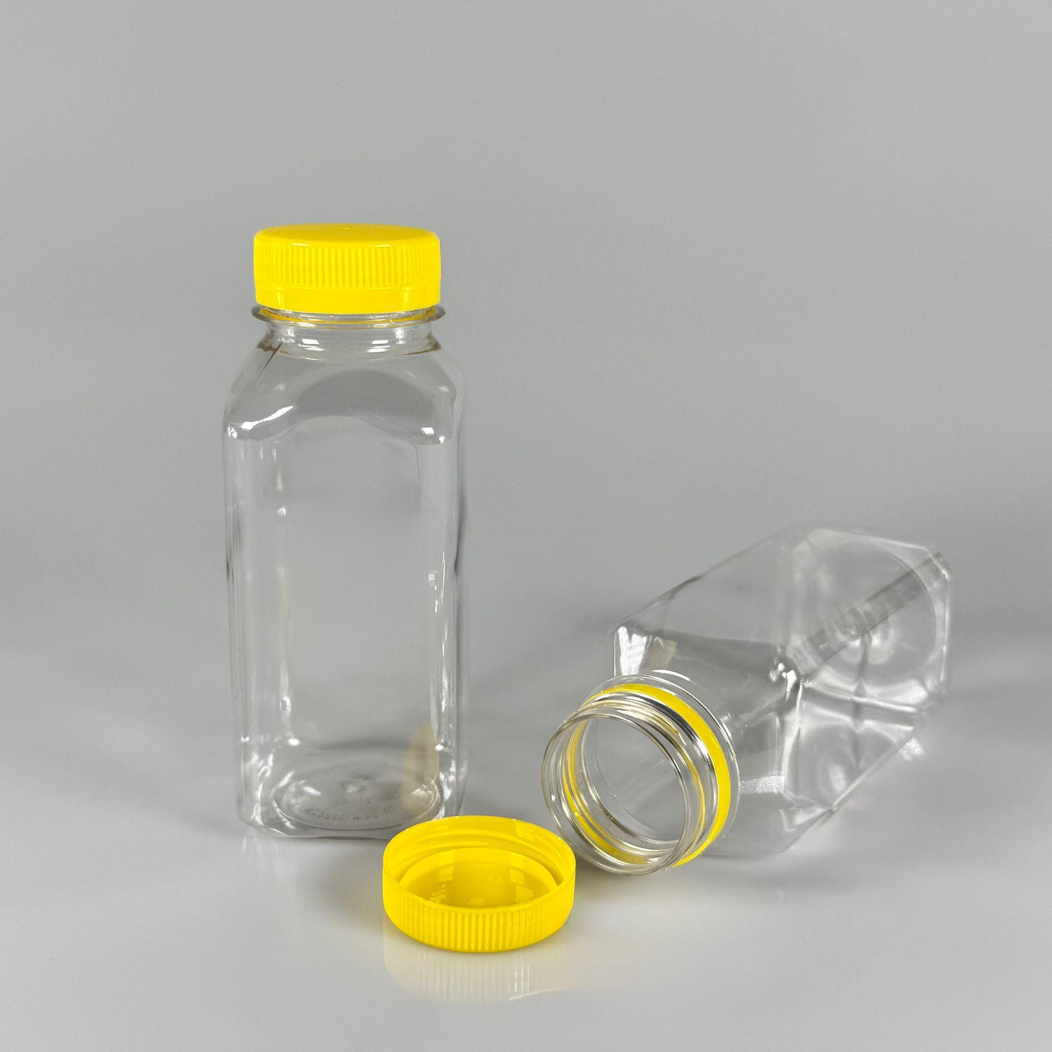 250 CC KÖŞELİ KARE PET ŞİŞE (18,5 GR) - 38 MM GENİŞ AĞIZLI SARI KİLİTLİ KAPAKLI - 250 ML DETOX, MEYVE SUYU, SMOOTHIE, AYRAN, SÜT, MEŞRUBAT VB İÇİN BOŞ PLASTİK ŞİŞELER