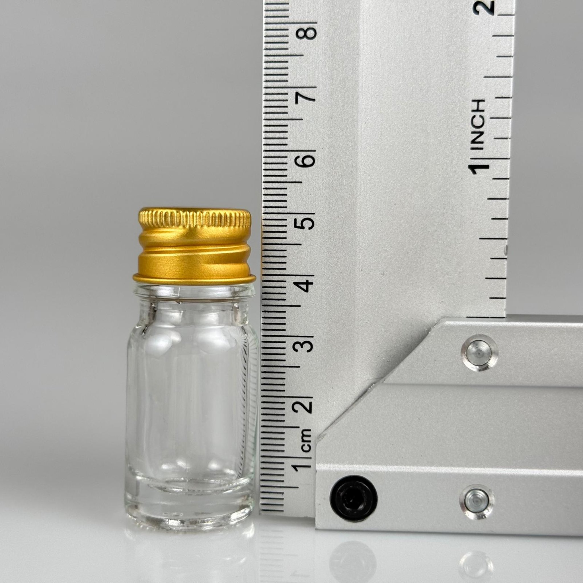 5 CC ŞEFFAF CAM ŞİŞE + KÖPÜK CONTALI GOLD ALÜMİNYUM METAL KAPAKLI TAKIM - 5 ML ŞEFFAF CAM ŞİŞE