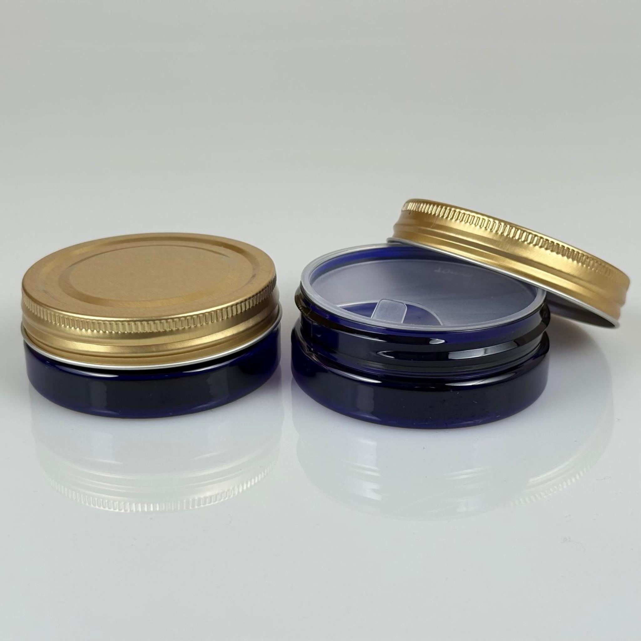 50 ML SERT PET KAVANOZ + GOLD METAL KAPAK + İÇ TIPA - 50 CC KALIN MAVİ PLASTİK KAVANOZ GOLD METAL KAPAKLI İÇ TIPALI TAKIM - KREM KAVANOZLARI