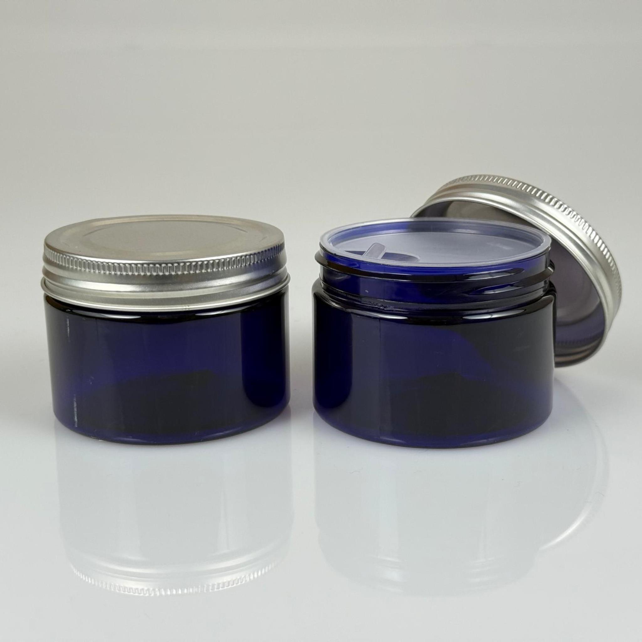 150 ML SERT PET KAVANOZ + GÜMÜŞ METAL KAPAK + İÇ TIPA - 150 CC KALIN MAVİ PLASTİK KAVANOZ GÜMÜŞ METAL KAPAKLI İÇ TIPALI TAKIM - KREM KAVANOZLARI