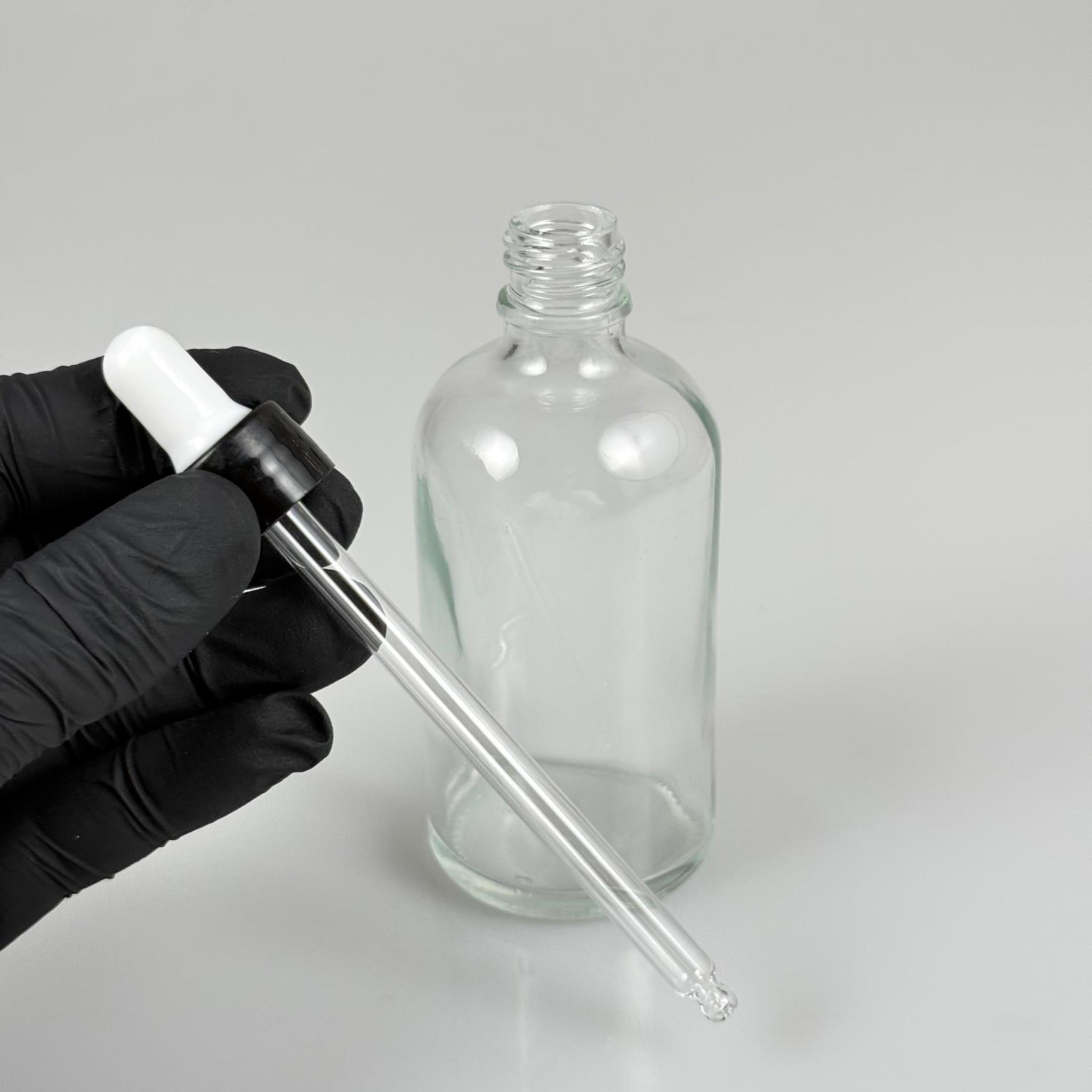 100 CC ŞEFFAF CAM DAMLALIKLI ŞİŞE - BEYAZ EMZİK + SİYAH DÜZ KAPAK + CAM PİPET TAKIM - 100 ML DAMLALIKLI ŞİŞE SETİ