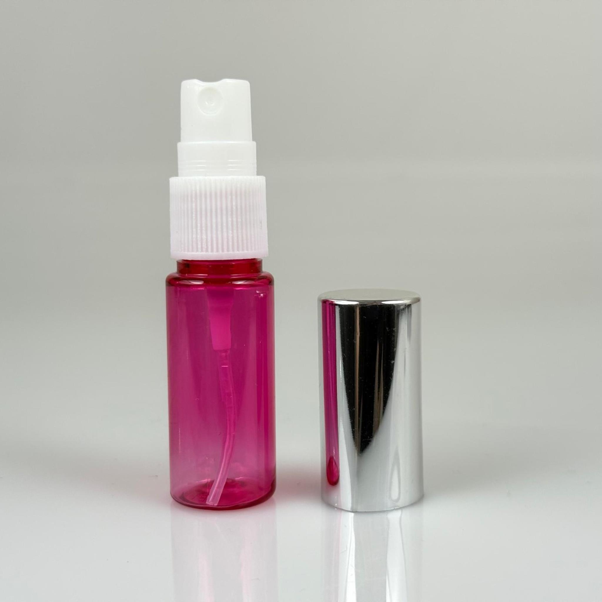 15 ML PET KOLONYA, PARFÜM VB ŞİŞELERİ - METAL ALÜMİNYUM GÜMÜŞ KAPAK + VİDALI SPREY + 15 CC PEMBE ŞİŞE SET TAKIM