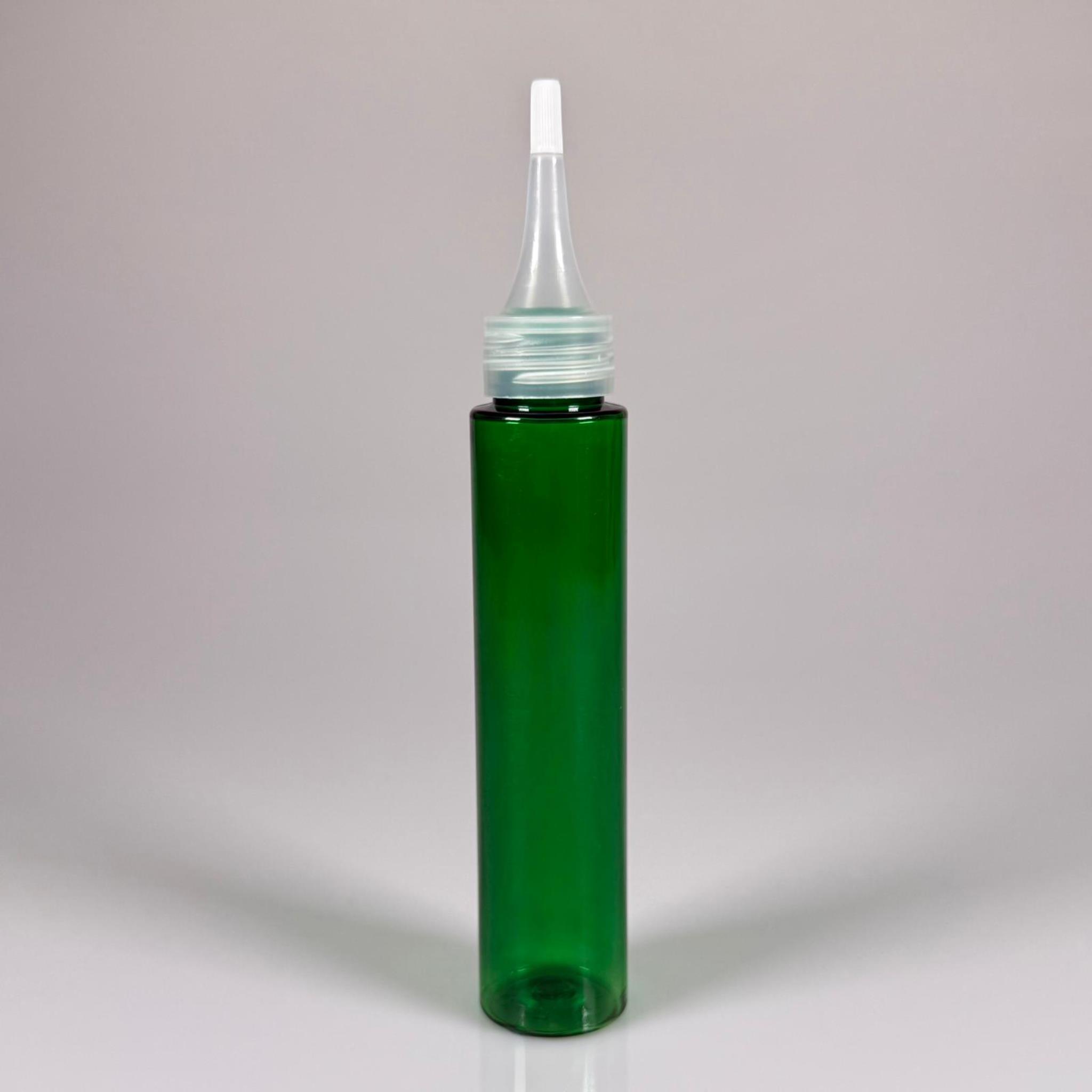 100 CC UZUN SİLİNDİR YEŞİL PET ŞİŞE (24 GR) - ŞEFFAF SİVRİ AKITICI KAPAKLI - 100 ML BİBERİYE SUYU, LAVANTA YAĞI, SAÇ SERUM, TONİK VB İÇİN PLASTİK KOZMETİK AMBALAJLARI