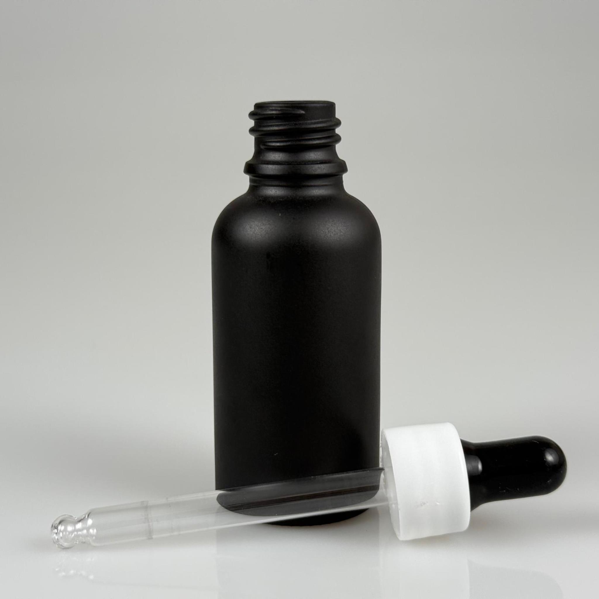 30 CC MAT SİYAH CAM DAMLALIKLI ŞİŞE - SİYAH EMZİK + BEYAZ DÜZ KAPAK + CAM PİPET TAKIM - 30 ML MAT SİYAH DAMLALIKLI ŞİŞE SETİ