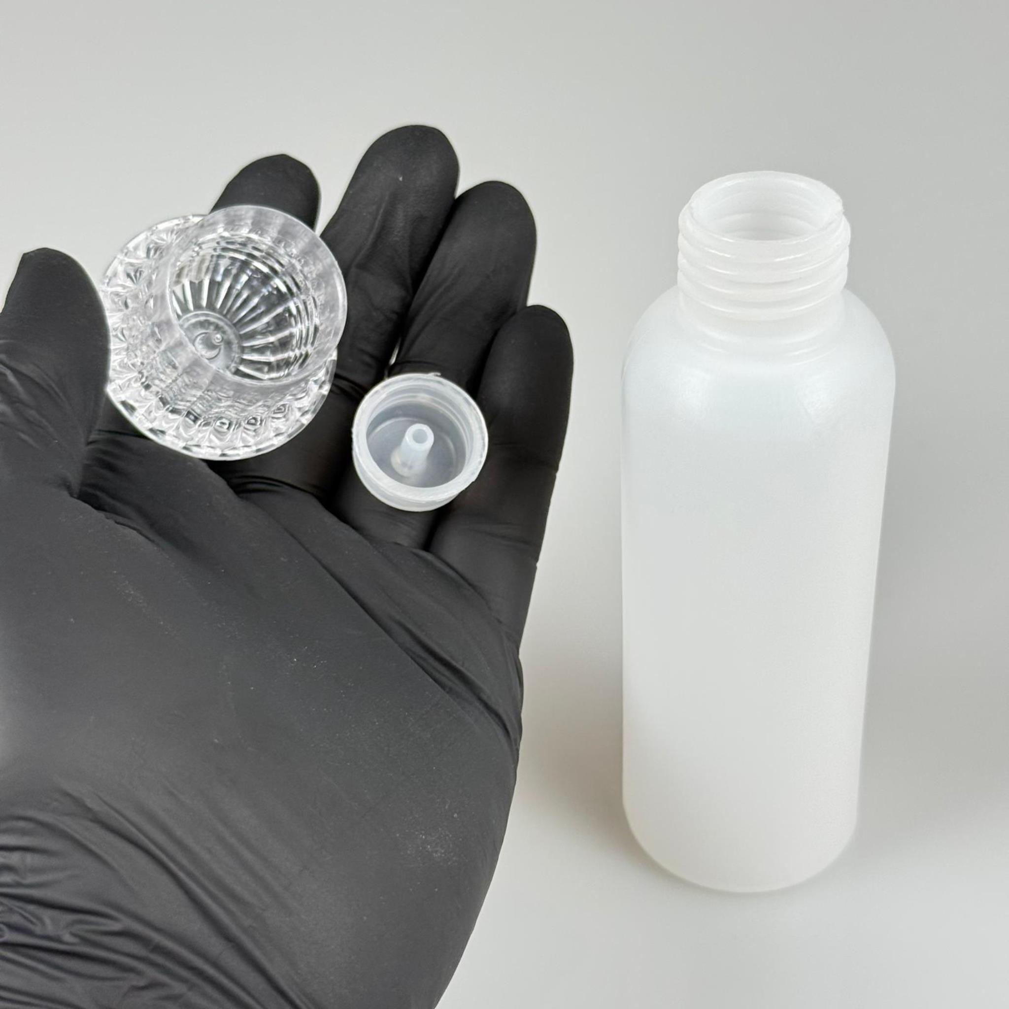100 CC NATÜREL SERT POLİETİLEN ŞİŞE + KRİSTAL KAPAKLI ( 24 MM ) + PLASTİK TIPALI - 100 ML SERT POLİETİLEN KOLONYA ŞİŞESİ
