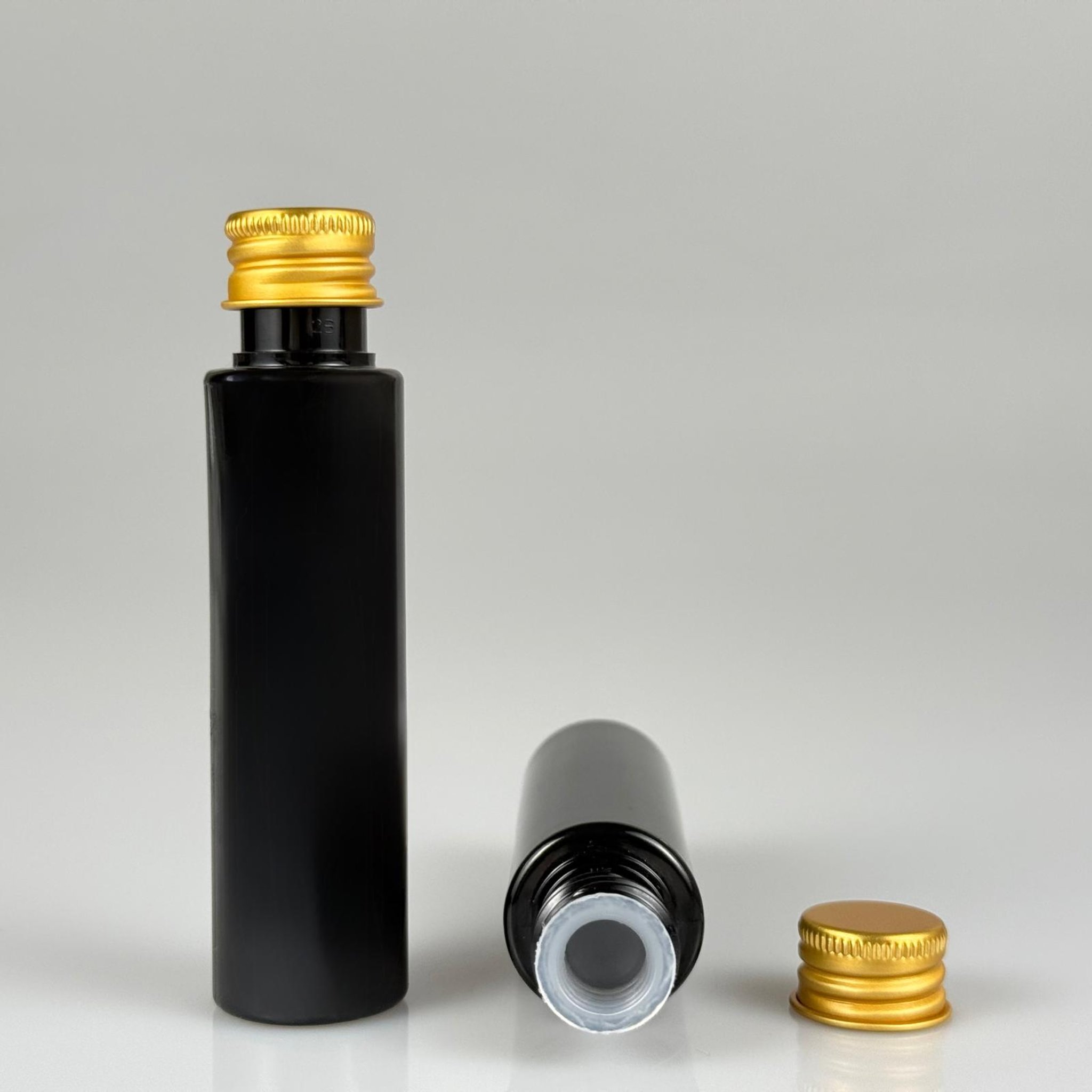 35 CC PET ŞİŞE - KÖPÜK CONTALI GOLD ALÜMİNYUM METAL KAPAKLI + KÖR TIPALI TAKIM - 35 ML SİYAH PET ŞİŞE