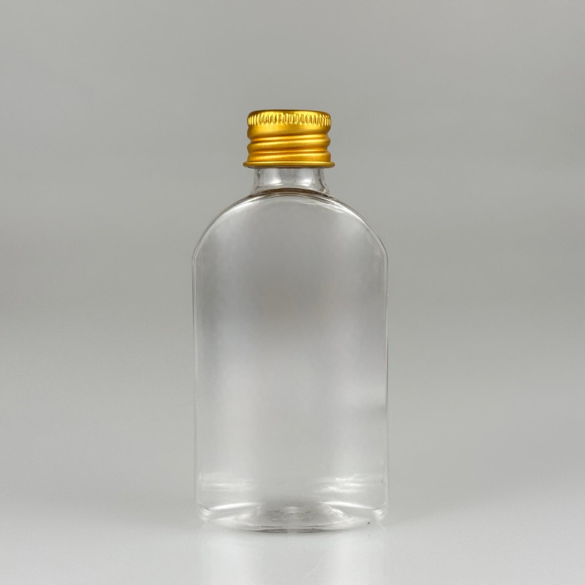 50 CC ŞEFFAF YASSI OVAL MODEL PET ŞİŞE + KÖPÜK CONTALI GOLD ALÜMİNYUM METAL KAPAKLI TAKIM - 50 ML PLASTİK ŞİŞE