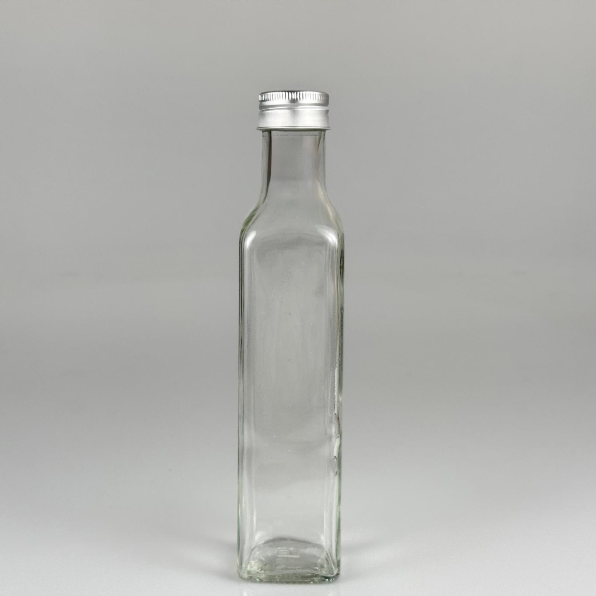 250 CC MARASKA CAM ŞİŞE - GÜMÜŞ METAL ALÜMİNYUM KAPAKLI - 250 ML KÖŞELİ YAĞ ŞİŞESİ - SİRKE ŞİŞESİ