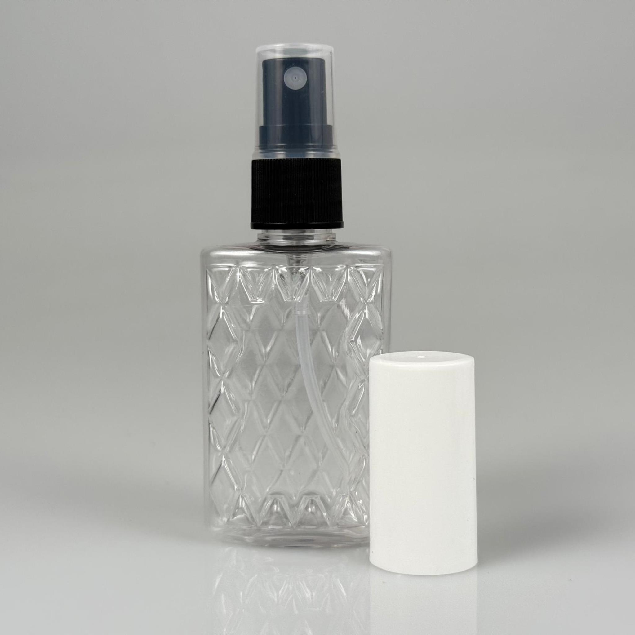 50 CC ŞEFFAF PET KÖŞELİ PARFÜM ŞİŞESİ - SİYAH SPREYLİ - BEYAZ KORUMA KAPAKLI - 50 ML PLASTİK PARFÜM - KOLONYA ŞİŞESİ
