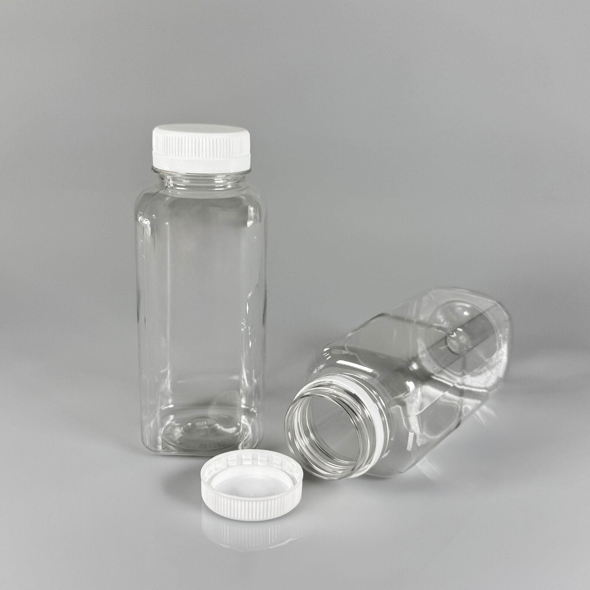 300 CC KÖŞELİ KARE PET ŞİŞE (18,5 GR) - 38 MM GENİŞ AĞIZLI BEYAZ KİLİTLİ KAPAKLI - 300 ML DETOX, MEYVE SUYU, SMOOTHIE, AYRAN, SÜT, MEŞRUBAT VB İÇİN BOŞ PLASTİK ŞİŞELER