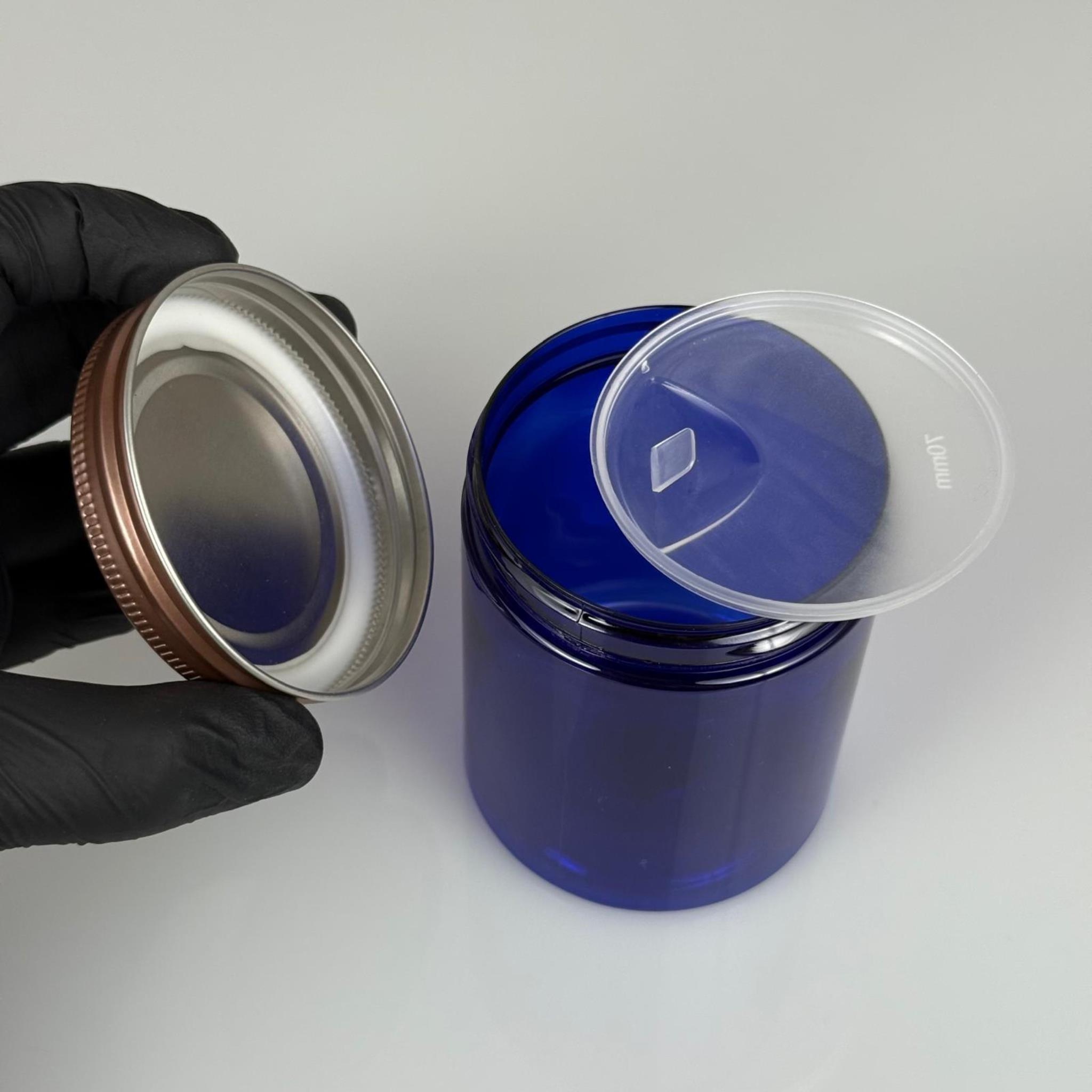 300 ML SERT PET KAVANOZ + BRONZ METAL KAPAK + İÇ TIPA - 300 CC KALIN MAVİ PLASTİK KAVANOZ BRONZ METAL KAPAKLI İÇ TIPALI TAKIM - KREM KAVANOZLARI