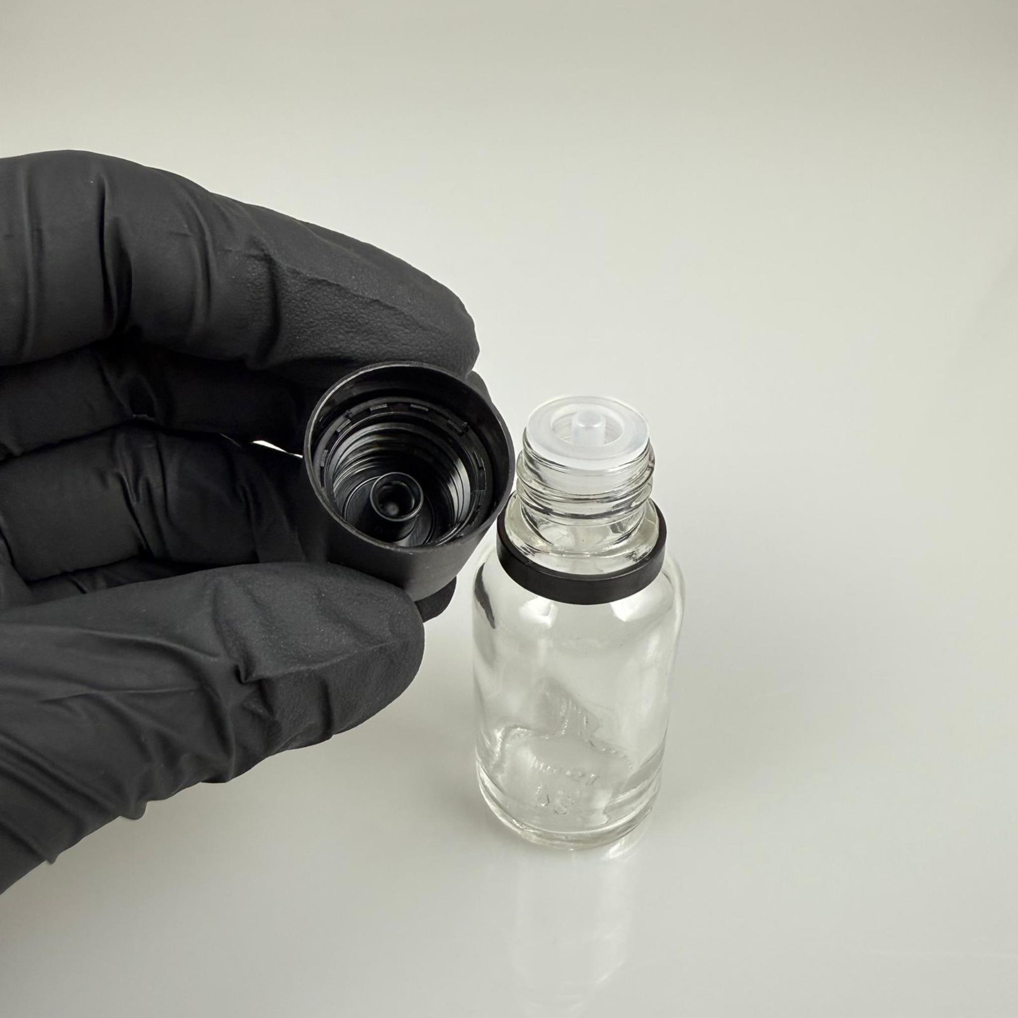 15 CC ŞEFFAF CAM ŞİŞE + İÇTEN DAMLALIKLI ÇOCUK KİLİTLİ SİYAH KAPAK - SAYDAM 15 ML KİLİT KAPAKLI DAMLATMALI ŞİŞE