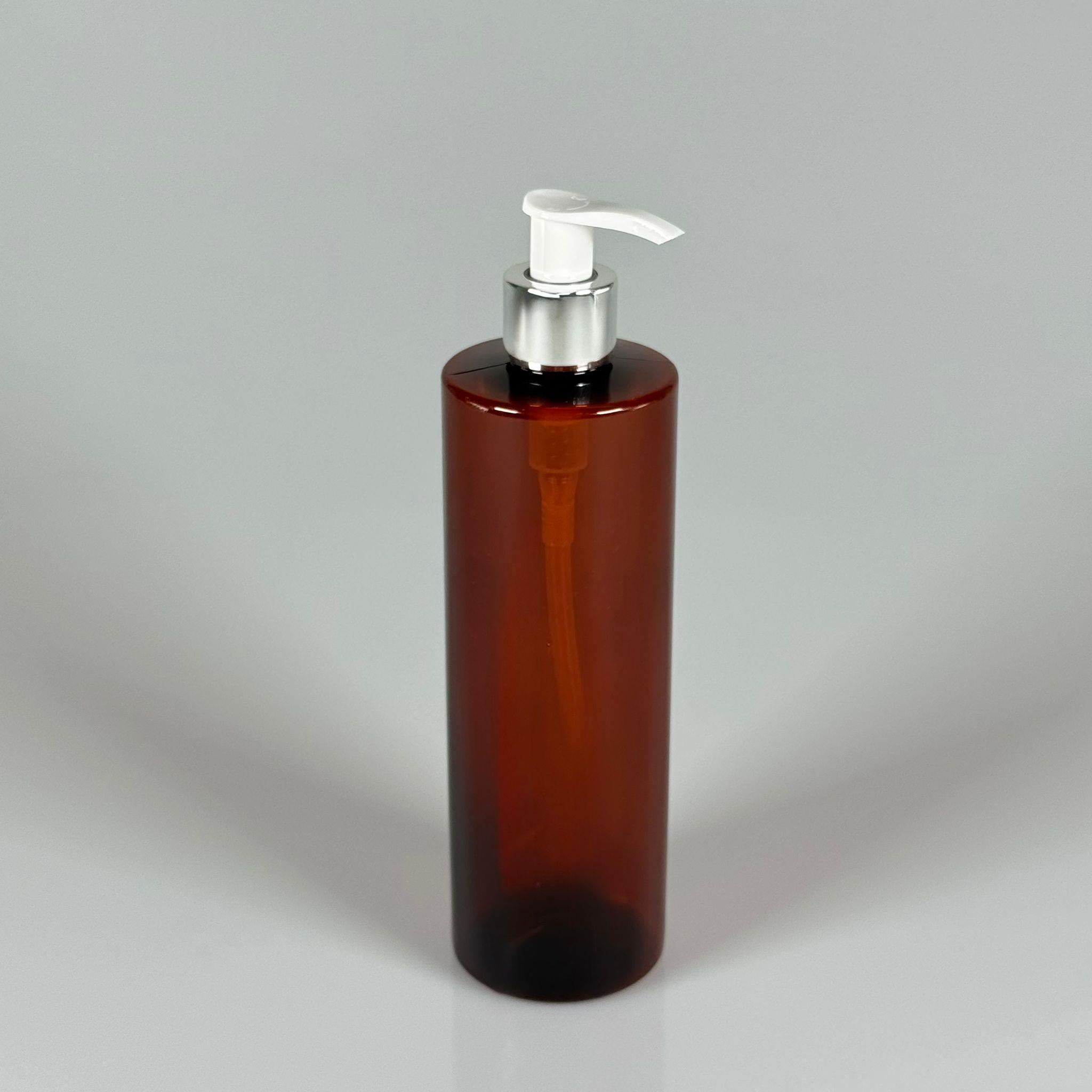 400 CC KÜT BOYUNLU SİLİNDİR PET ŞİŞE (30 GR) - GÜMÜŞ SIVI SABUN POMPALI - 400 ML PLASTİK ŞİŞE - AMBER