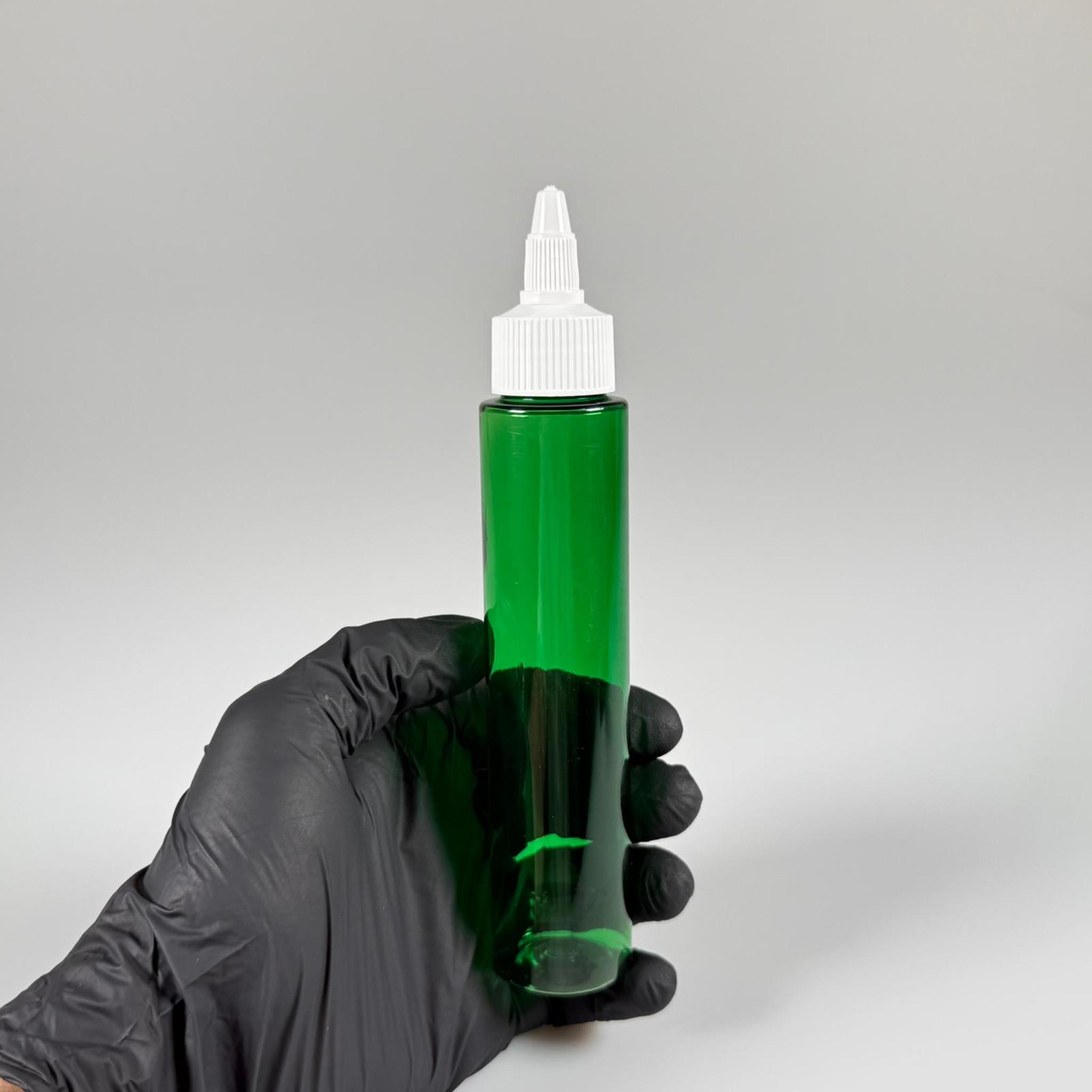 100 CC UZUN SİLİNDİR YEŞİL PET ŞİŞE (24 GR) - BEYAZ TWİST SİVRİ ASANSÖR AKITICI KAPAKLI - 100 ML BİBERİYE SUYU, LAVANTA YAĞI, SAÇ SERUM, TONİK VB İÇİN PLASTİK KOZMETİK AMBALAJLARI